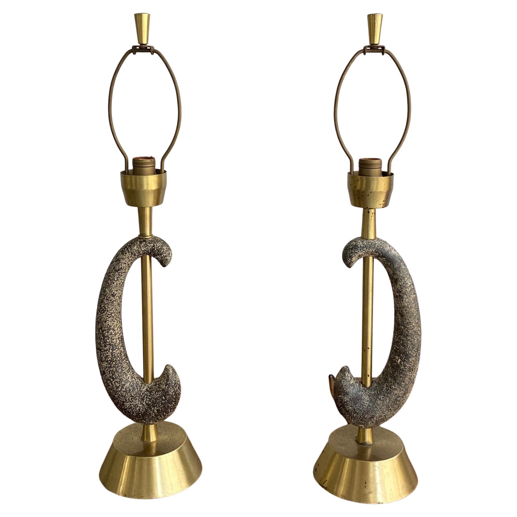 Pair of Brass and Ceramic Arc Table Lamps by Kelby