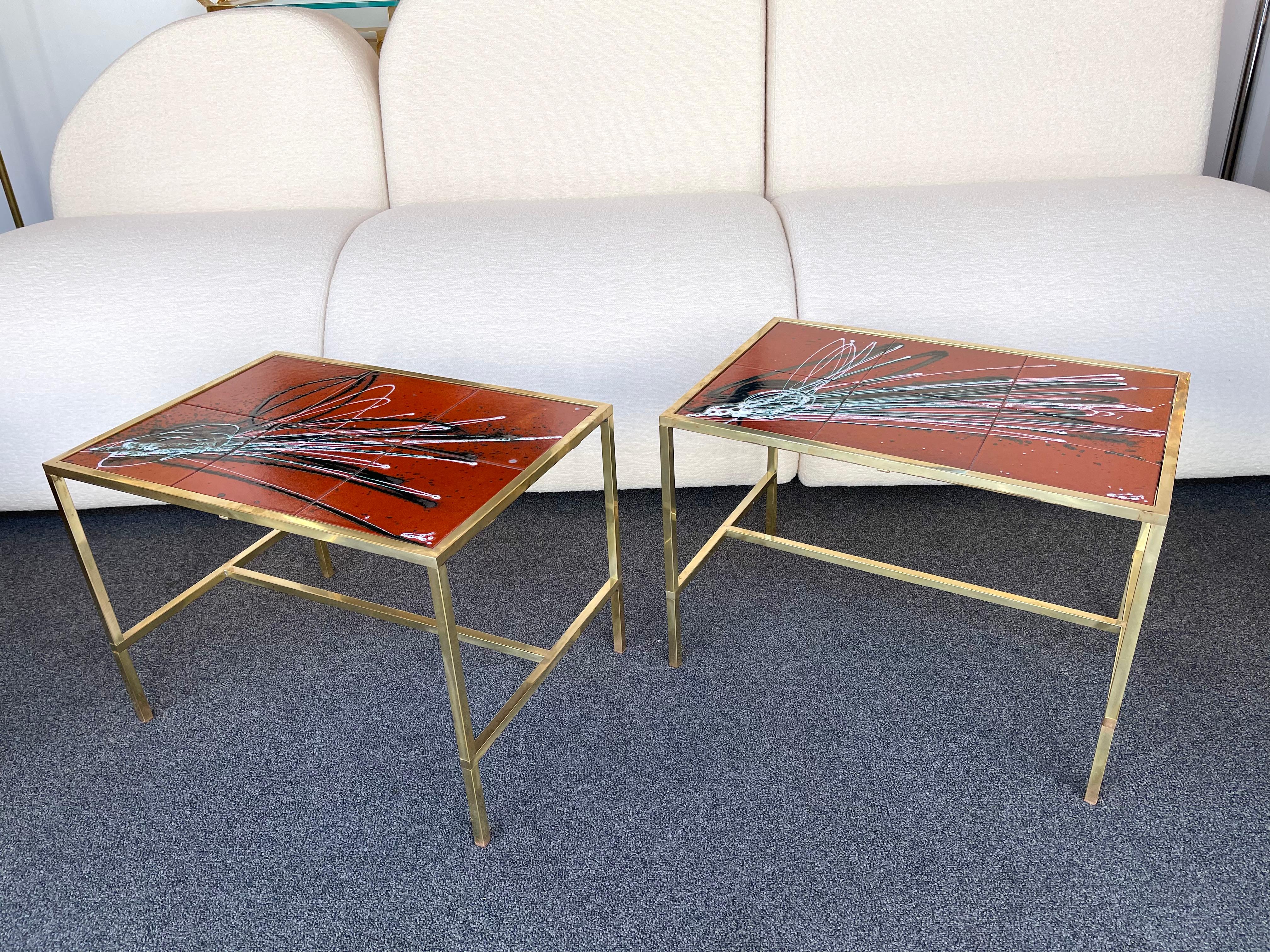 Italian Pair of Brass and Ceramic Side Table, Italy, 1970s For Sale