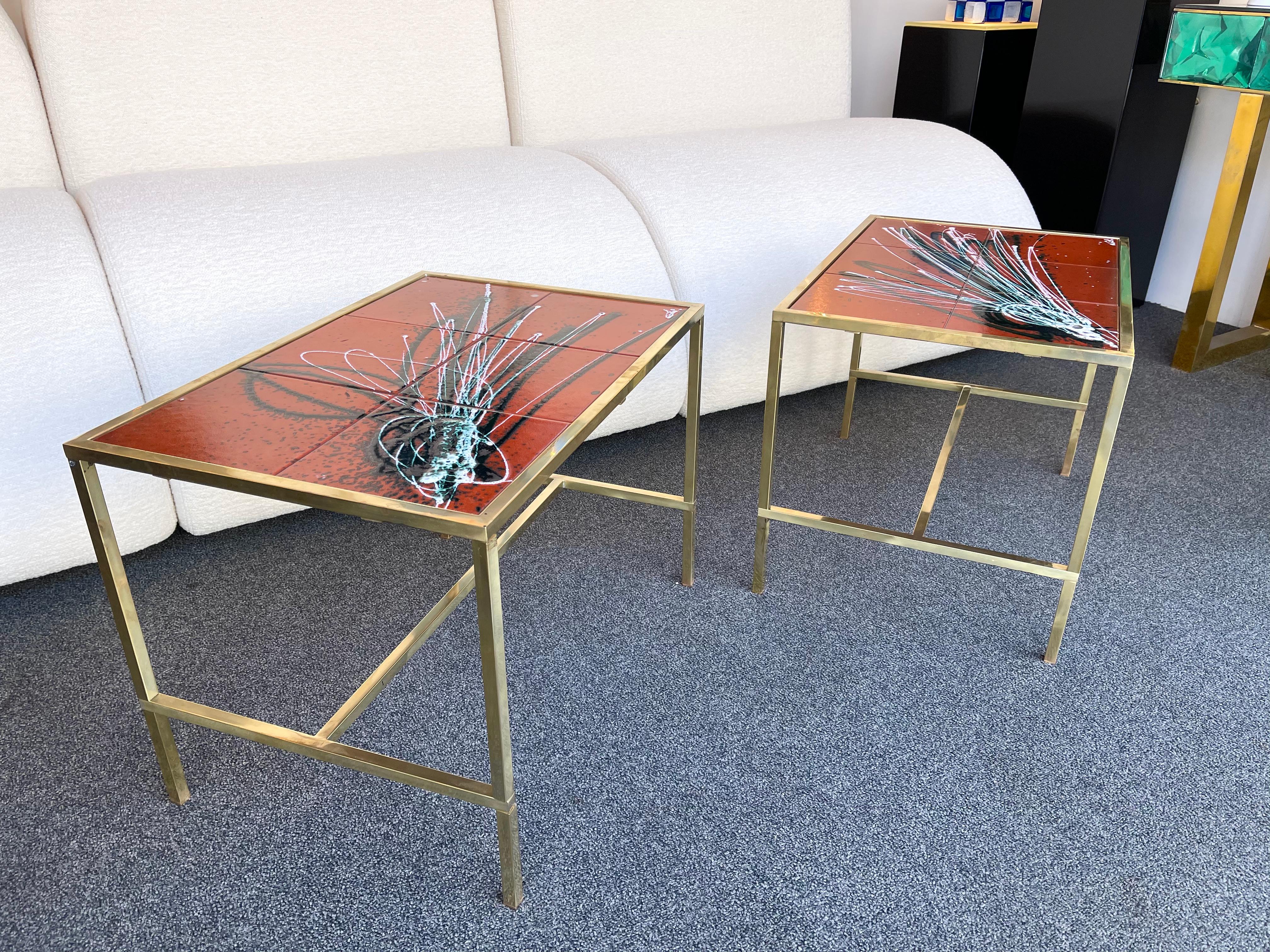 Pair of Brass and Ceramic Side Table, Italy, 1970s In Good Condition For Sale In SAINT-OUEN, FR