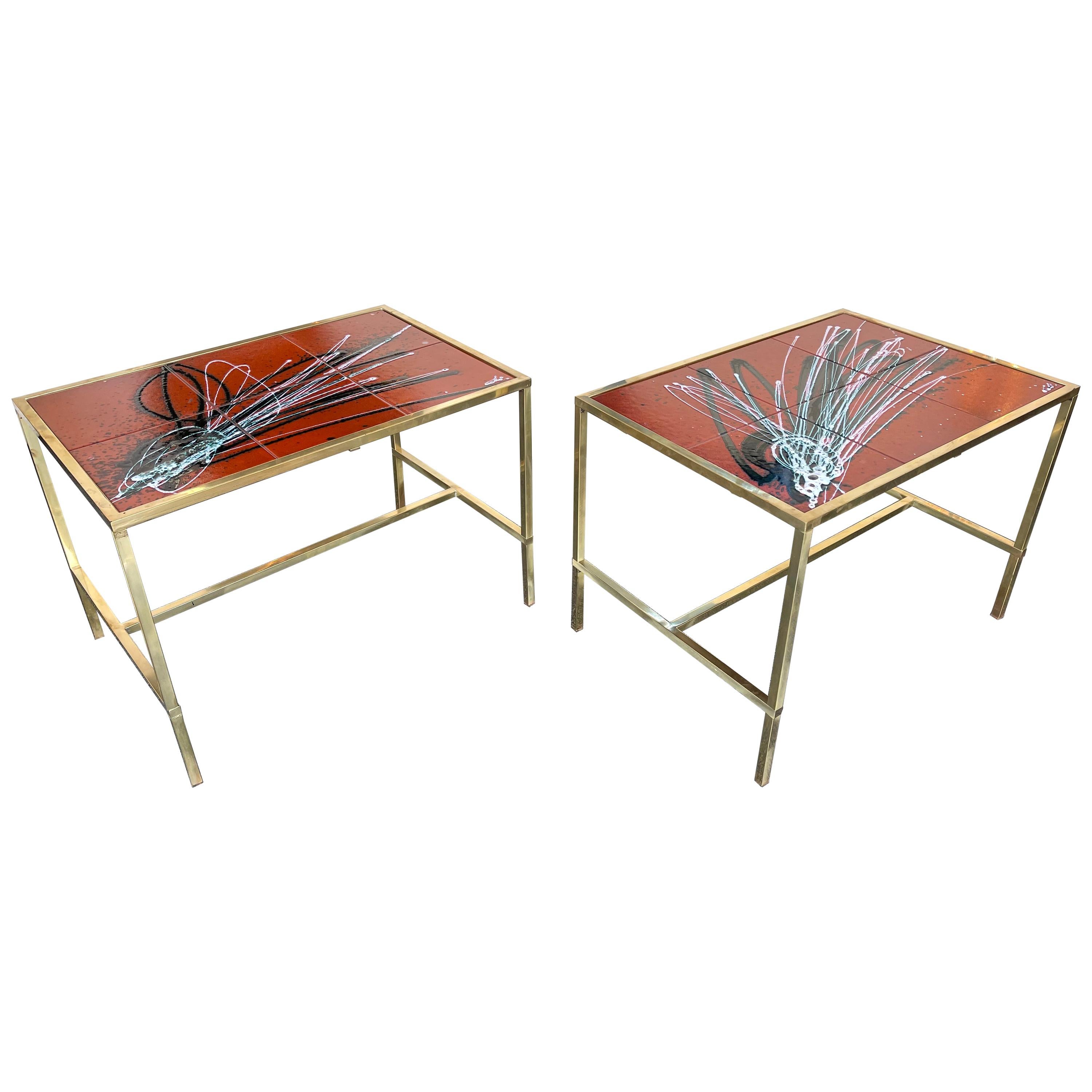 Pair of Brass and Ceramic Side Table, Italy, 1970s