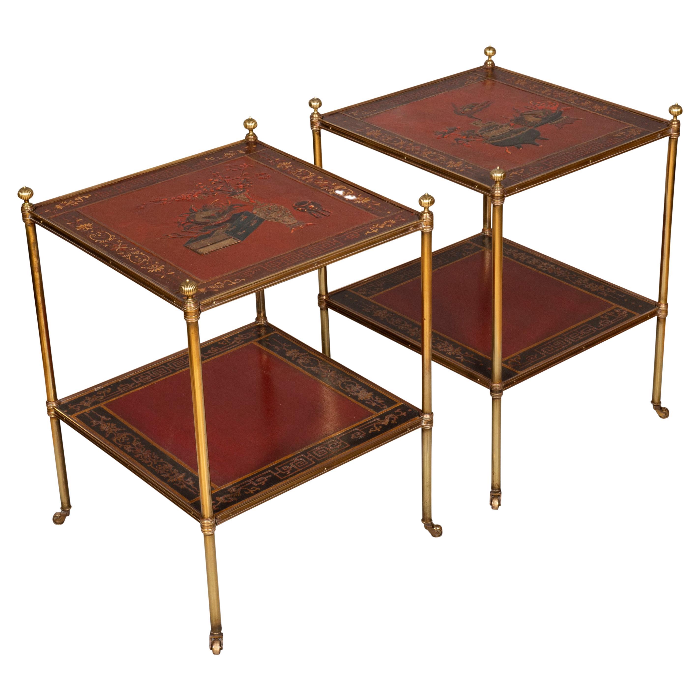 Wonderful red lacquer Chinoiserie panels with tubular brass frame and legs. Casters. Possibly by Maletts London.