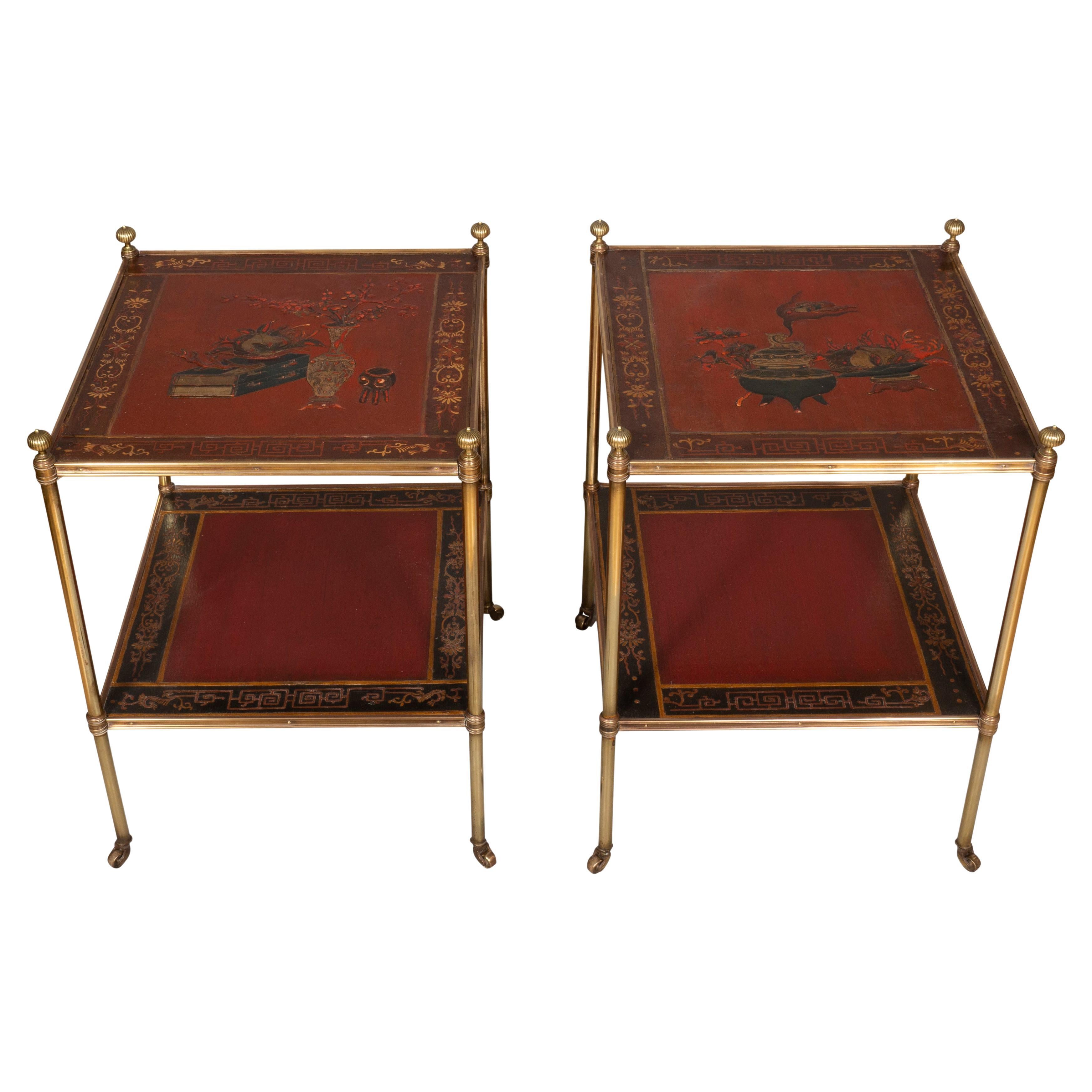Neoclassical Pair of Brass and Chinoiserie Lacquer Etageres