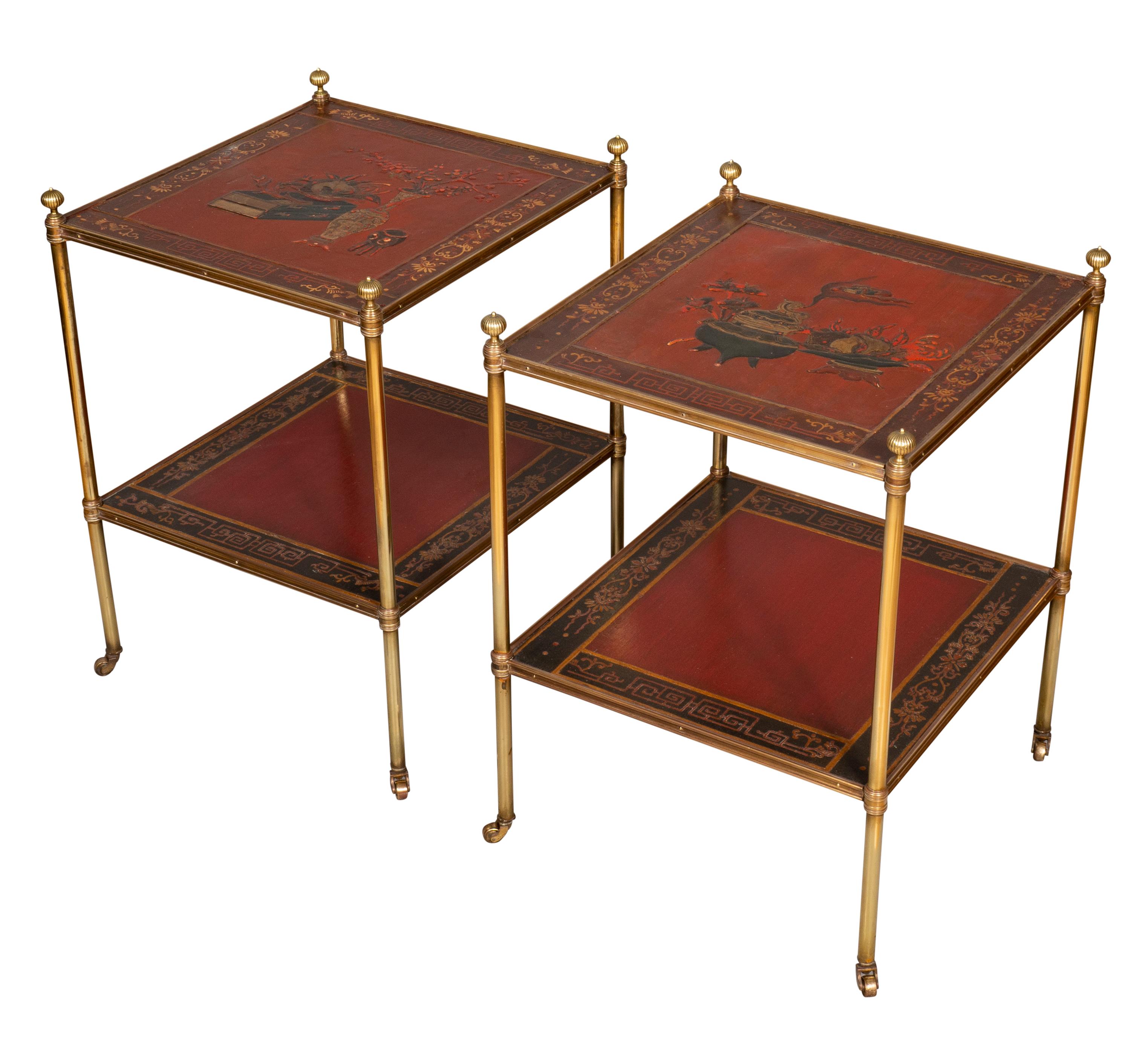 Pair of Brass and Chinoiserie Lacquer Etageres In Good Condition In Essex, MA