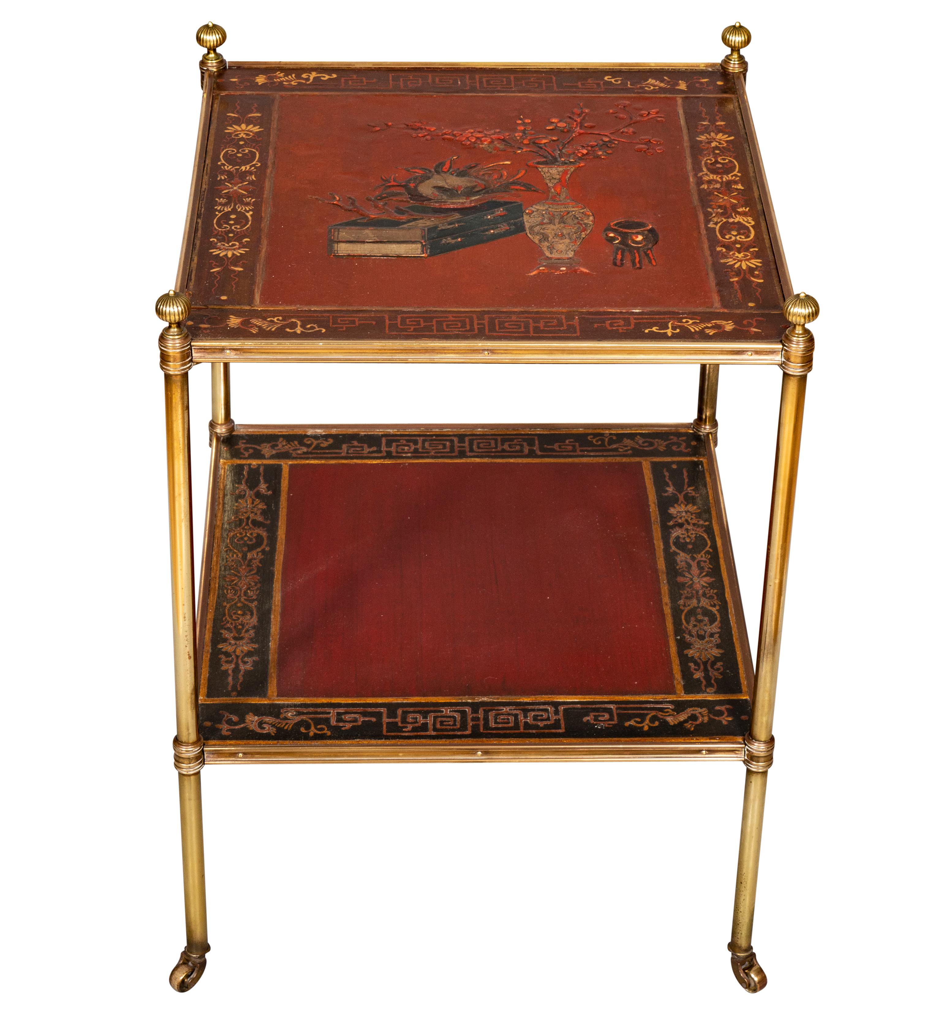 20th Century Pair of Brass and Chinoiserie Lacquer Etageres