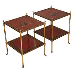 Pair of Brass and Chinoiserie Lacquer Etageres