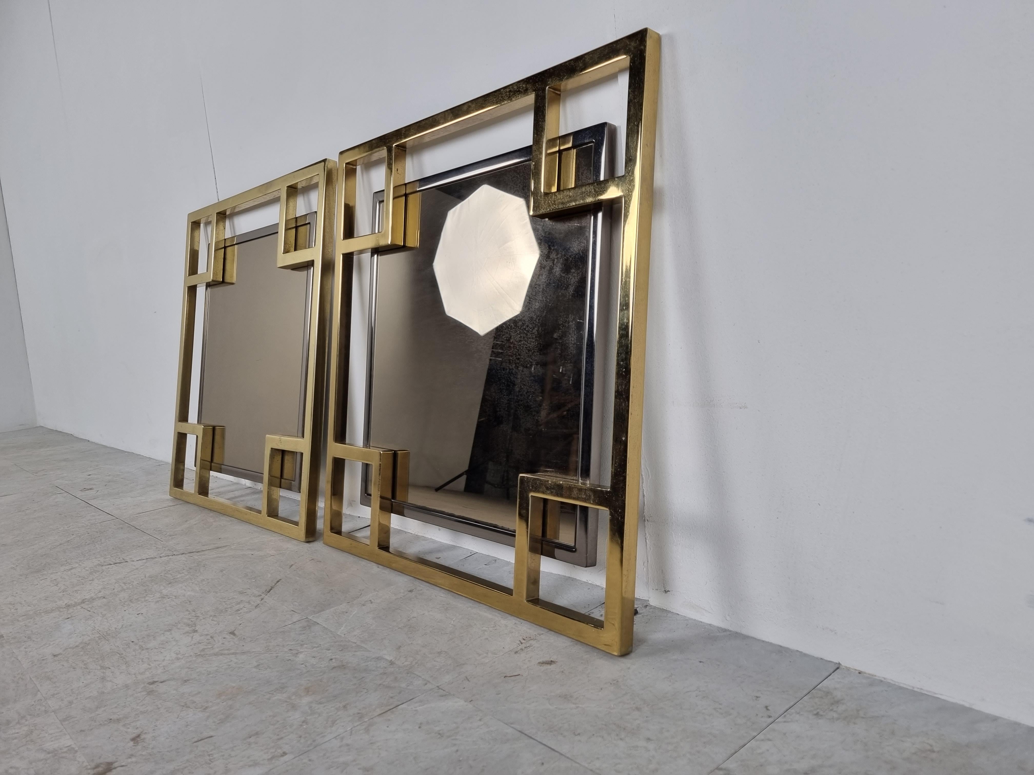 Hollywood Regency Pair of brass and chrome mirrors by Belgochrom, 1970s