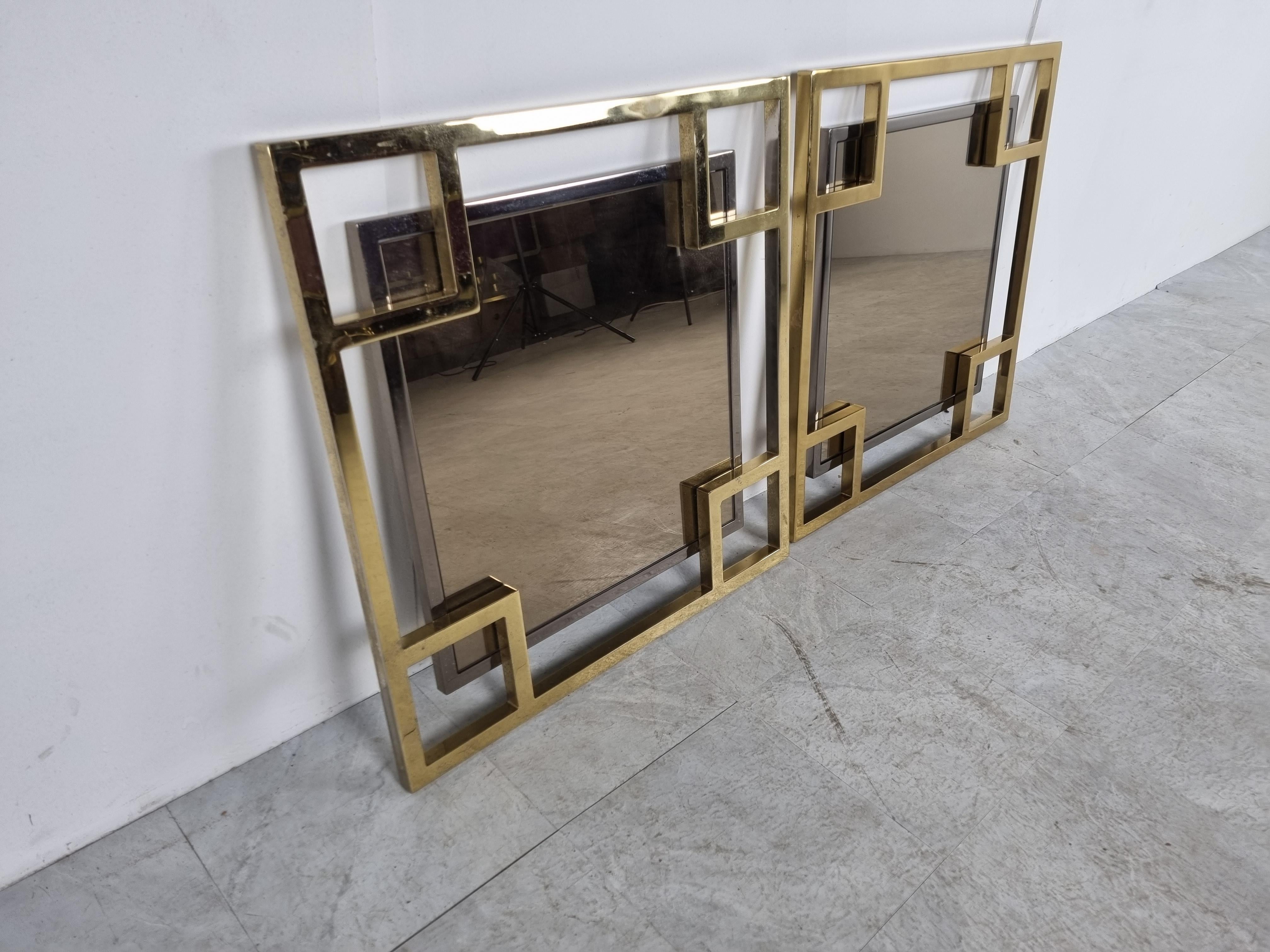 Pair of brass and chrome mirrors by Belgochrom, 1970s In Good Condition In HEVERLEE, BE