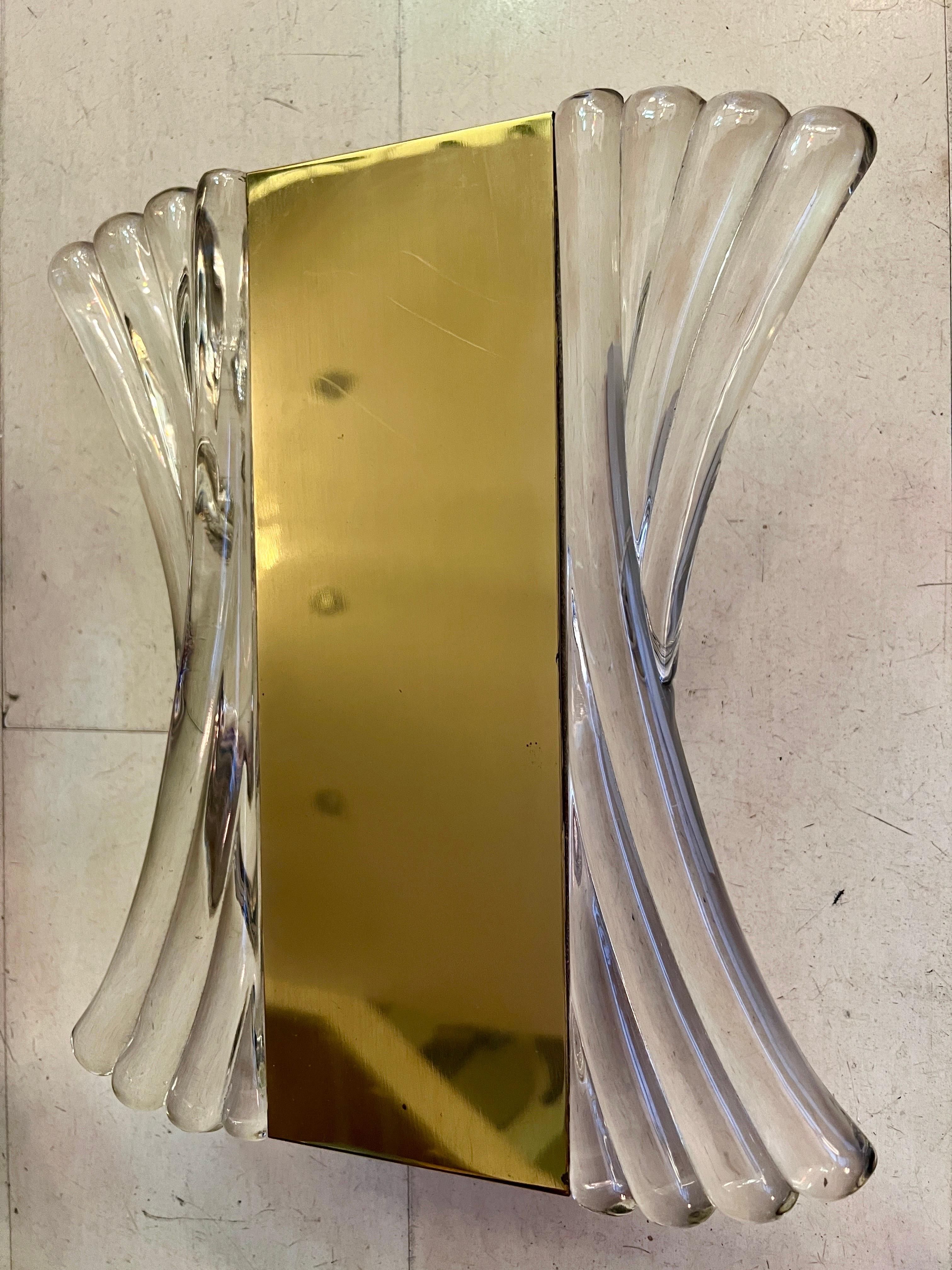 Coppia di lampade da parete in ottone e vetro trasparente di Murano, anni '40 in vendita 6