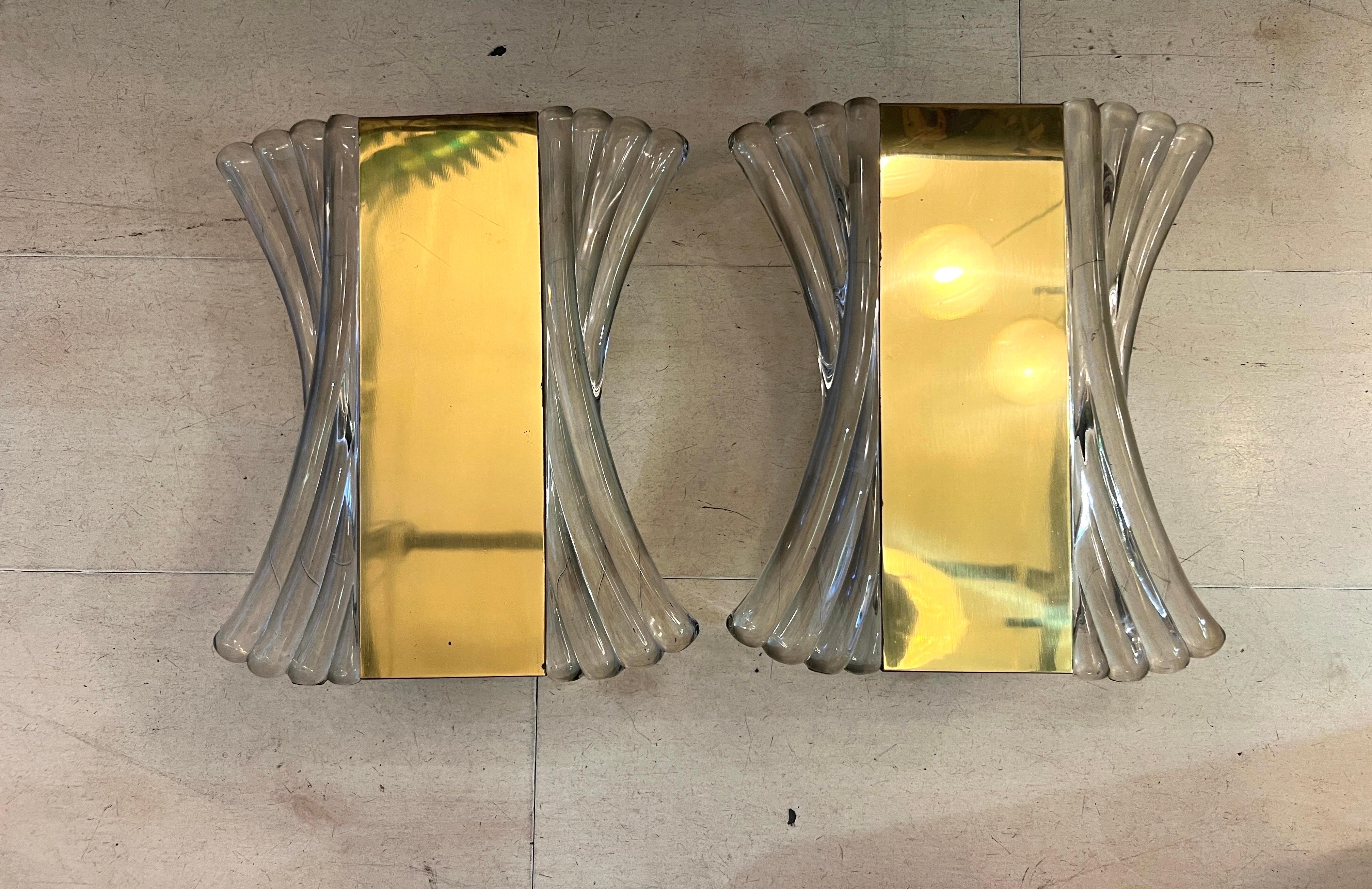 Coppia di lampade da parete in ottone e vetro trasparente di Murano, anni '40 in vendita 10