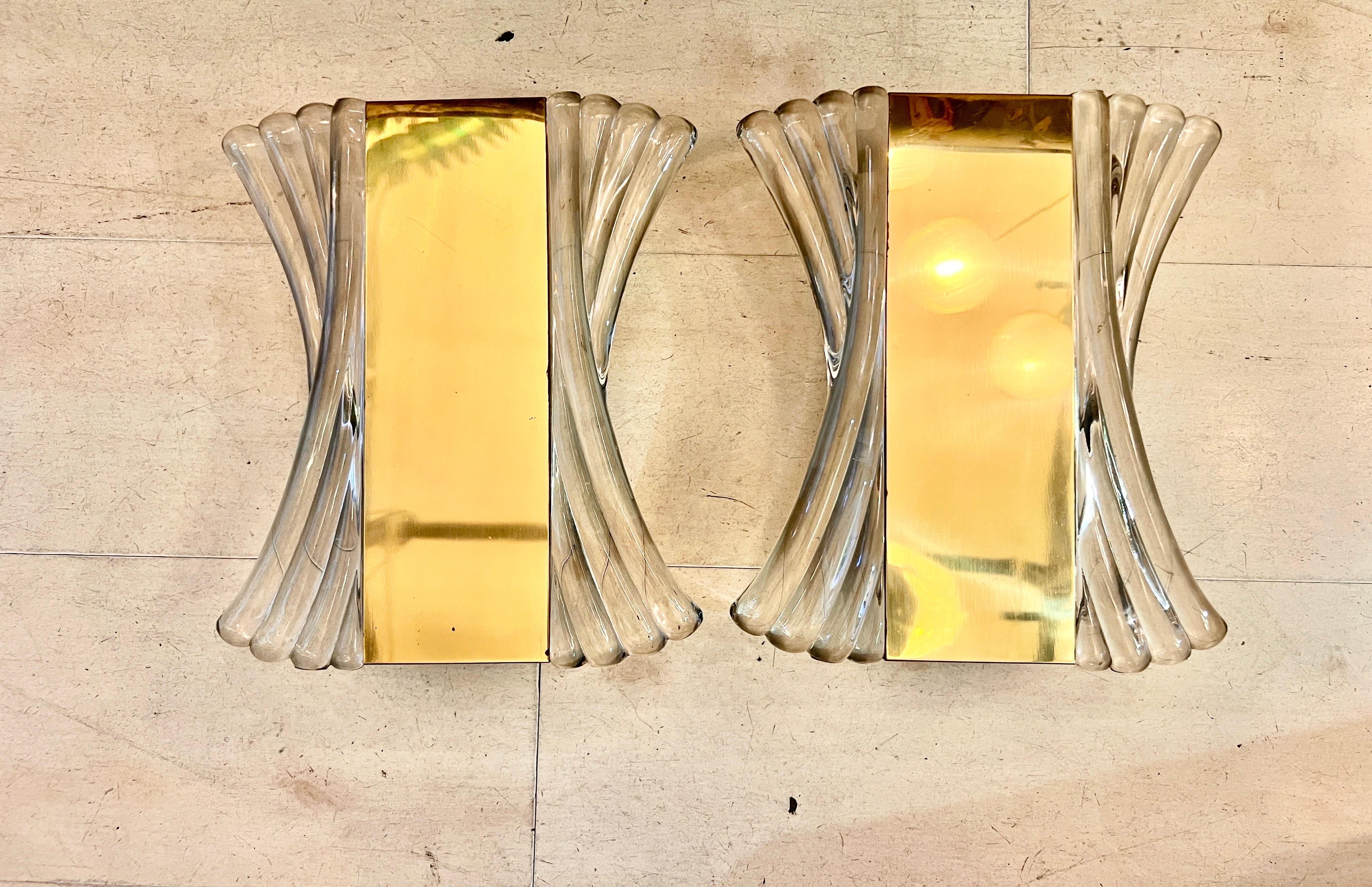 Pair of Brass and Clear Glass Murano Wall Sconces, 1940s