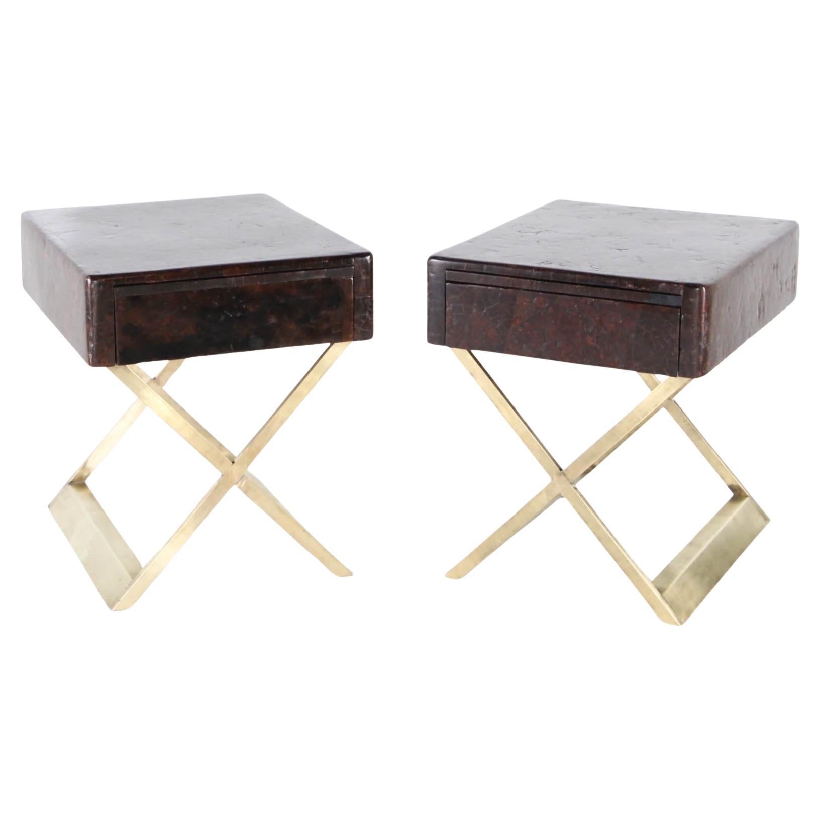 Pair of brass and coconut fiber (bed)side tables