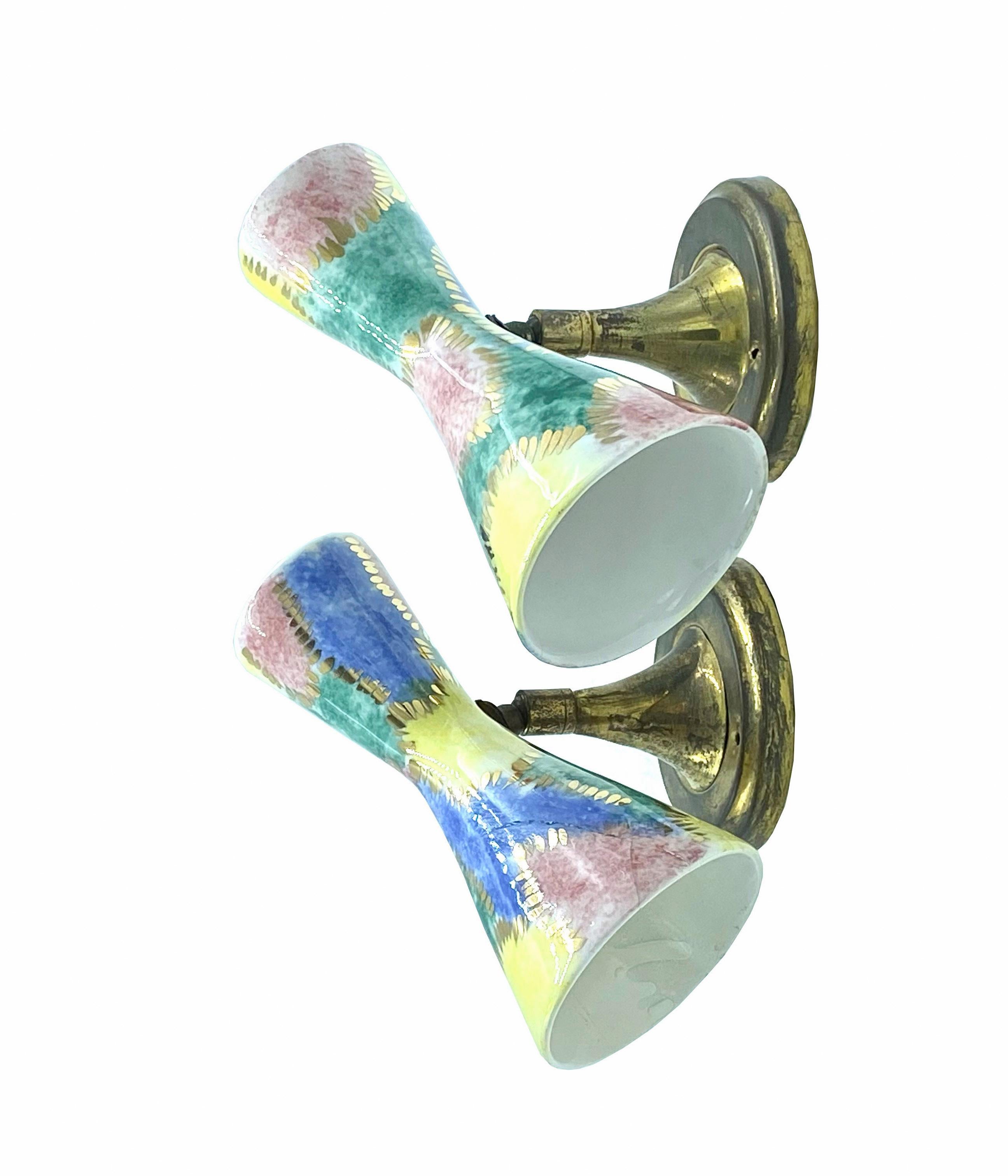 Mid-Century Modern Pair of Brass and Colored Ceramic Wall Sconces, Italy 1950s