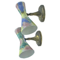 Pair of Brass and Colored Ceramic Wall Sconces, Italy 1950s