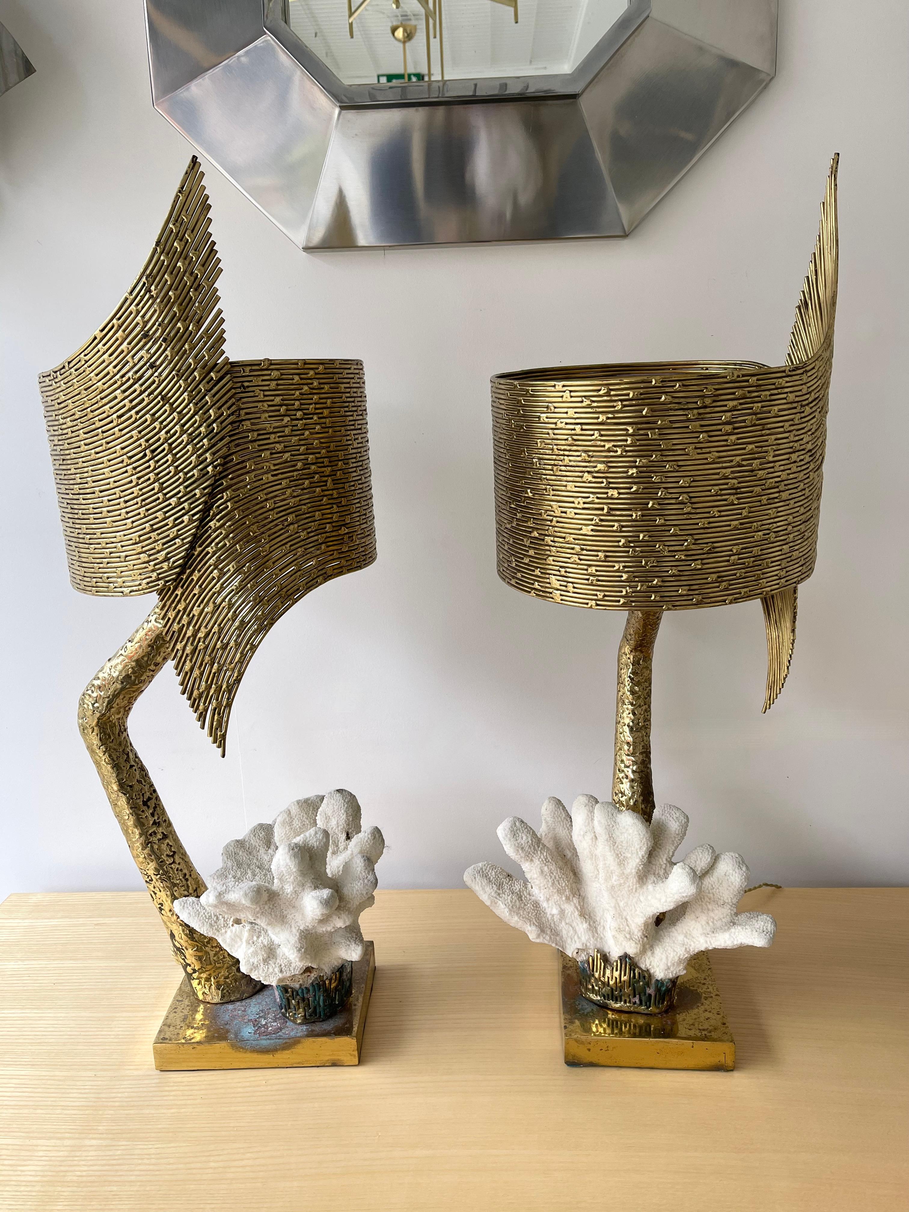 Pair of Brass and Coral Lamps by Jacques Duval Brasseur, France, 1970s 4