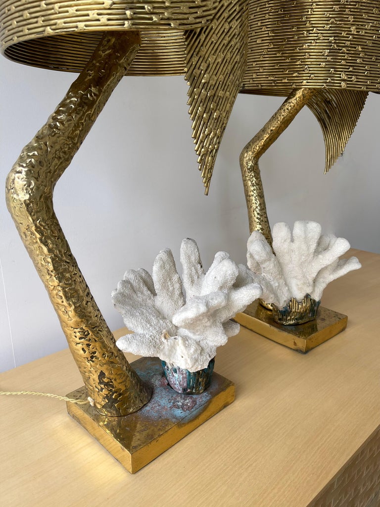Pair of Brass and Coral Lamps by Jacques Duval Brasseur, France, 1970s For Sale 5