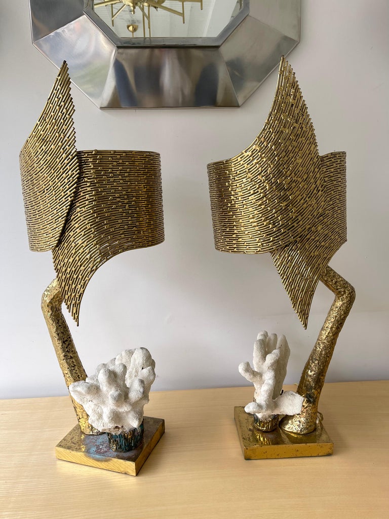 Pair of Brass and Coral Lamps by Jacques Duval Brasseur, France, 1970s For Sale 7