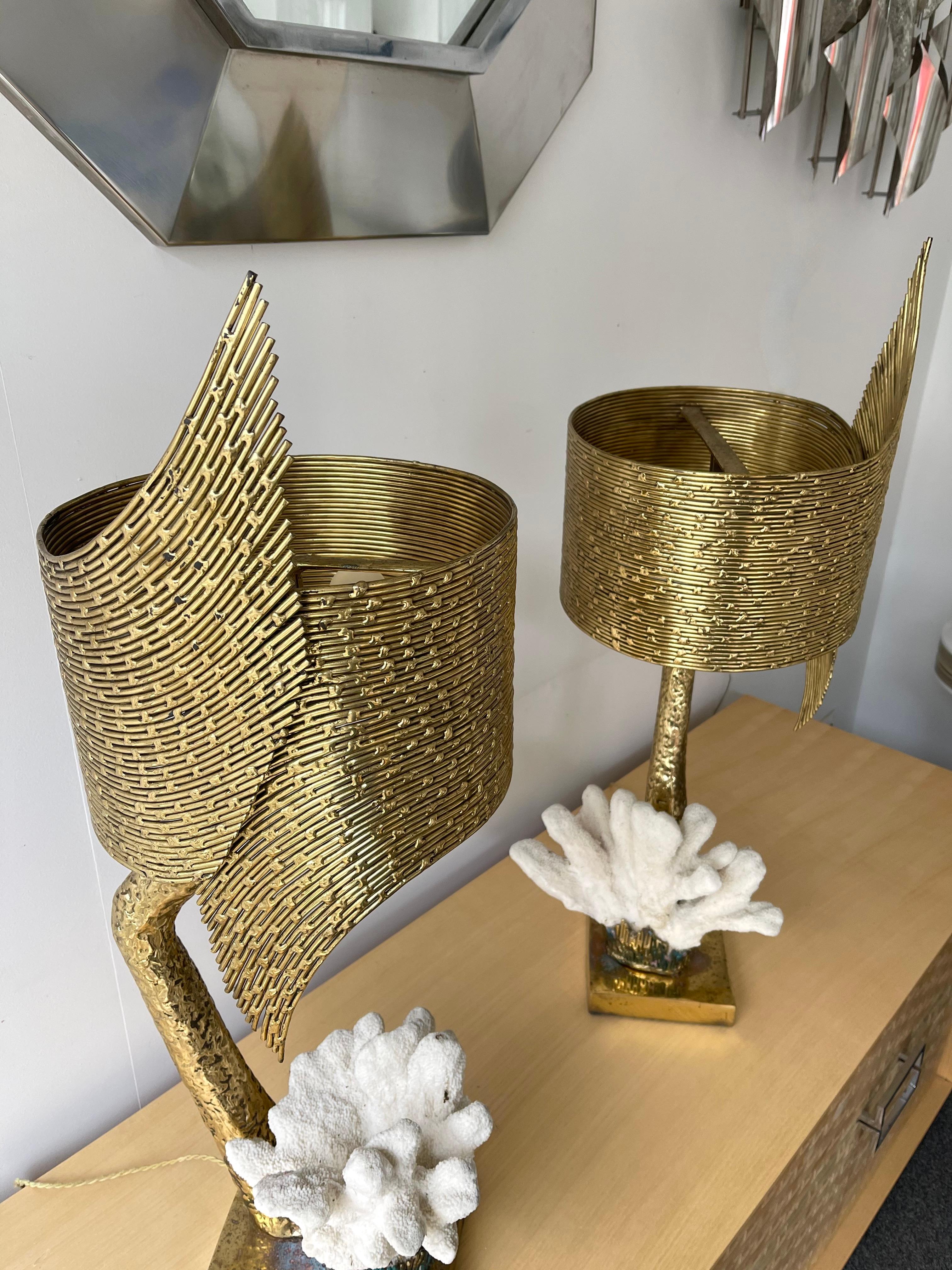 Very rare Mid-Century Modern table or bedside full brass and white coral lamps. Masterpieces from the french artist Jacques Duval Brasseur. Aquatic sea theme, a green natural charming oxidation coherent with the aquatic theme. Impressive massive