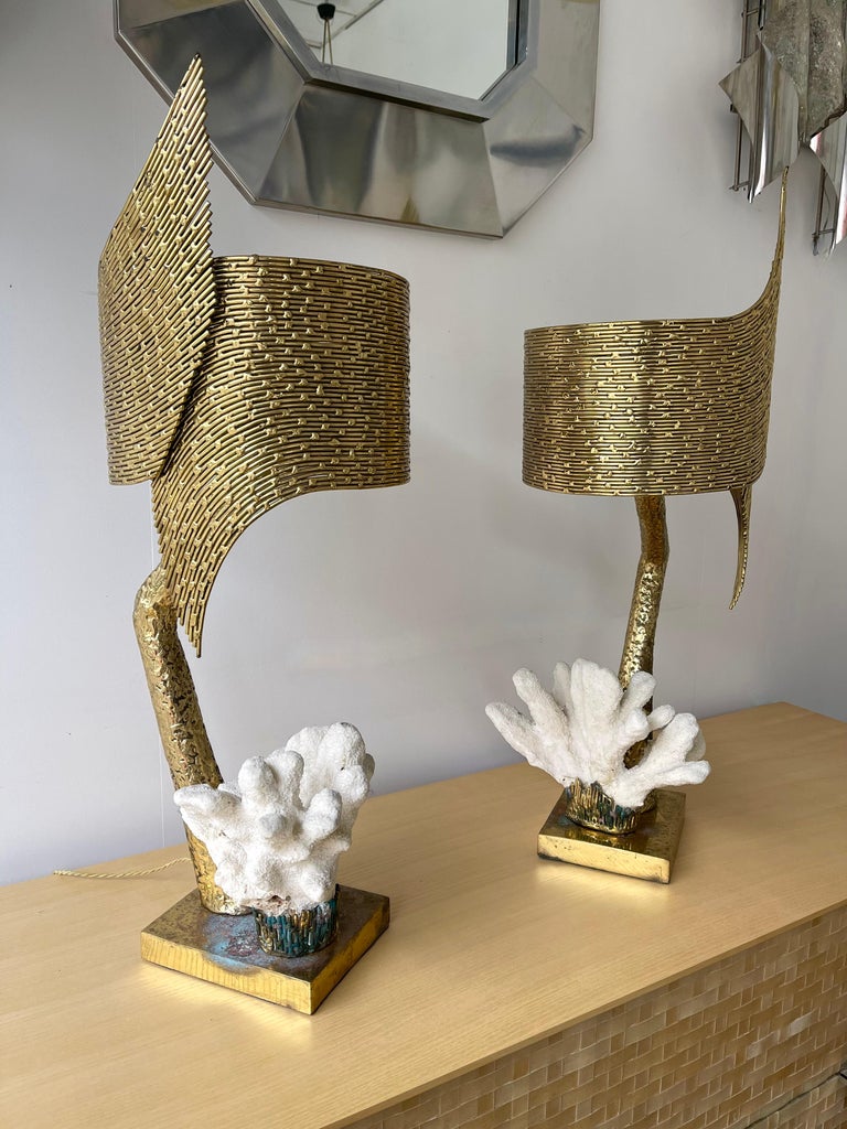 Pair of Brass and Coral Lamps by Jacques Duval Brasseur, France, 1970s For Sale 1