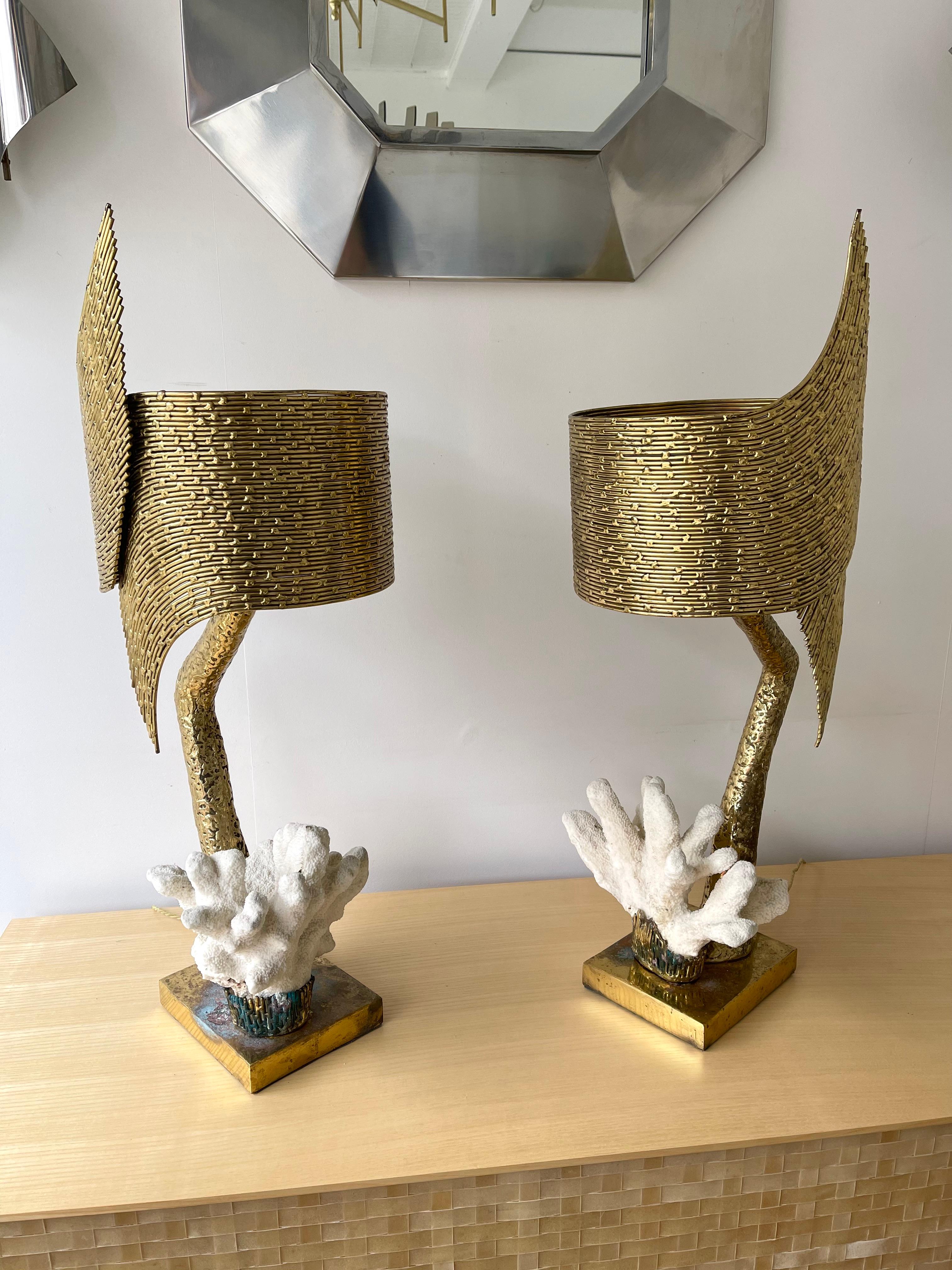 Pair of Brass and Coral Lamps by Jacques Duval Brasseur, France, 1970s 2