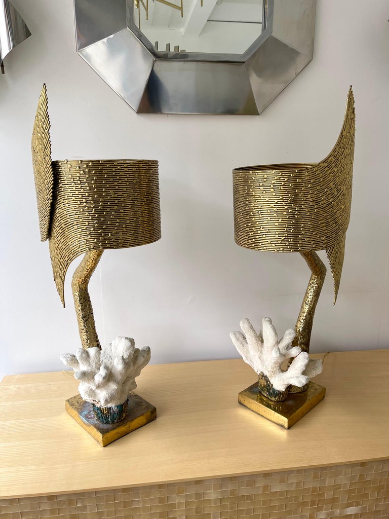 Pair of Brass and Coral Lamps by Jacques Duval Brasseur, France, 1970s For Sale 2