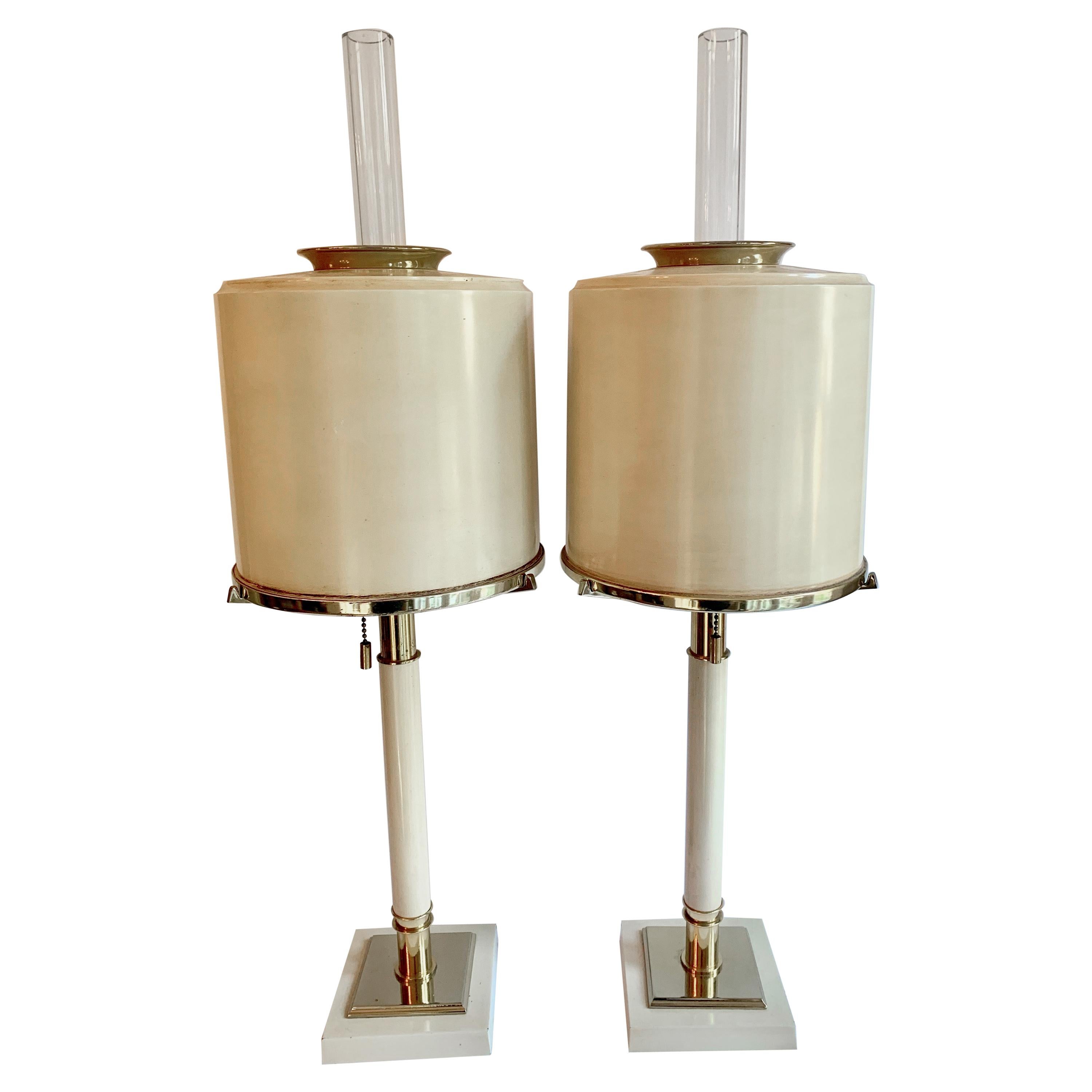 Pair of Laurel Lamps in Cream Metal with Brass Detailing