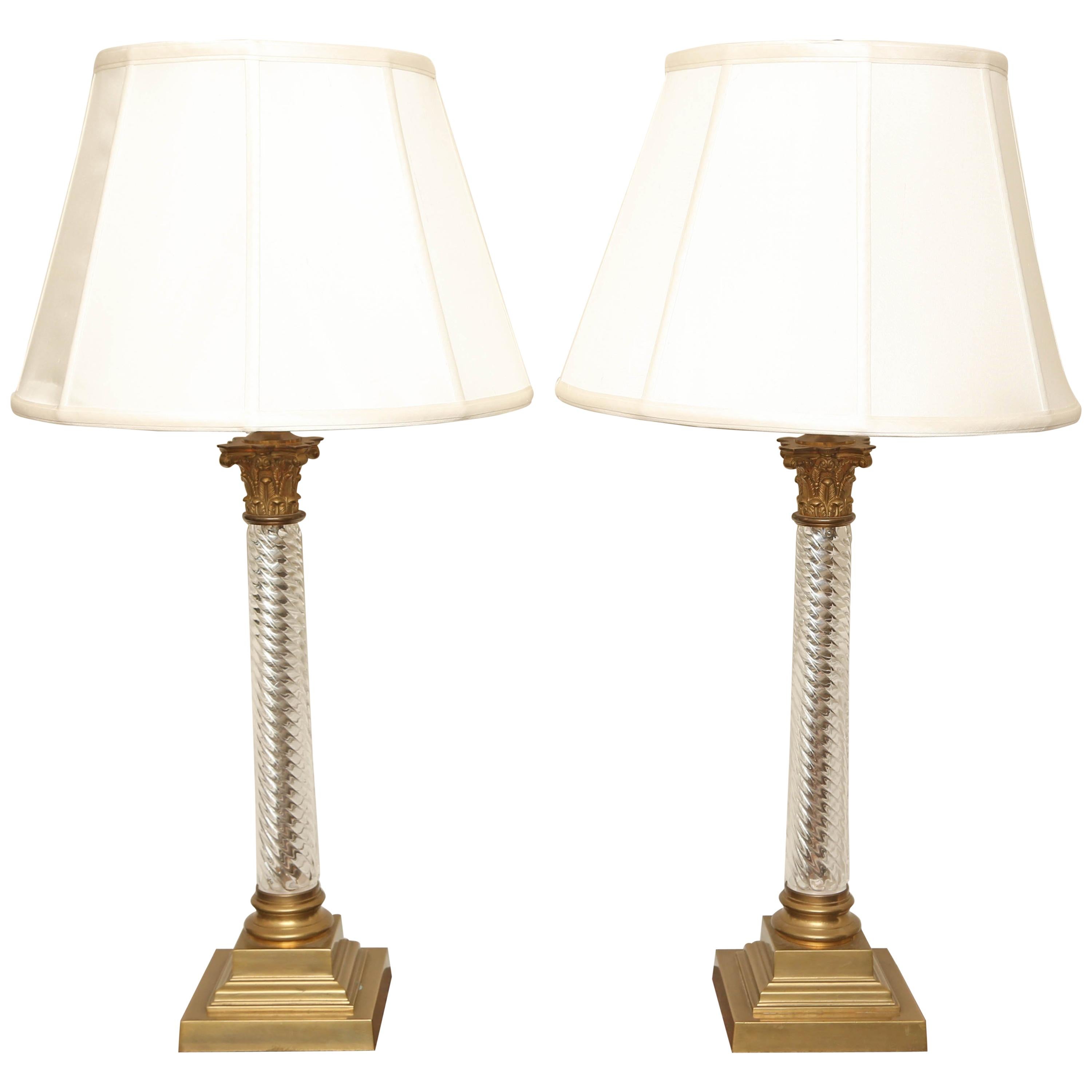 Pair of Brass and Crystal Candlestick Lamps by Vaughan