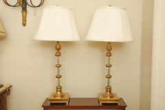 Pair of Brass and Crystal Candlestick Lamps