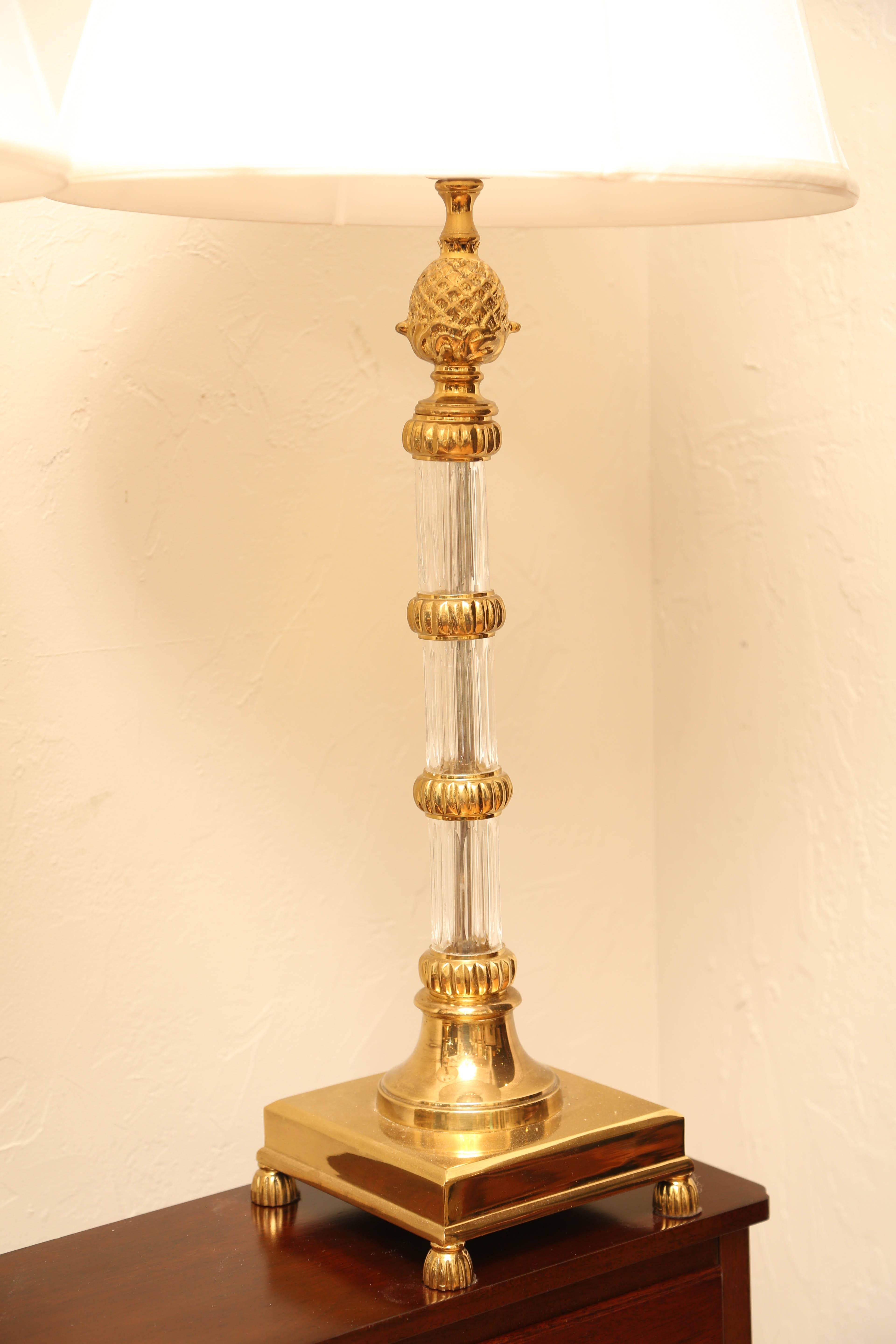Pair of Brass and Crystal Candlestick Lamps In Good Condition In West Palm Beach, FL