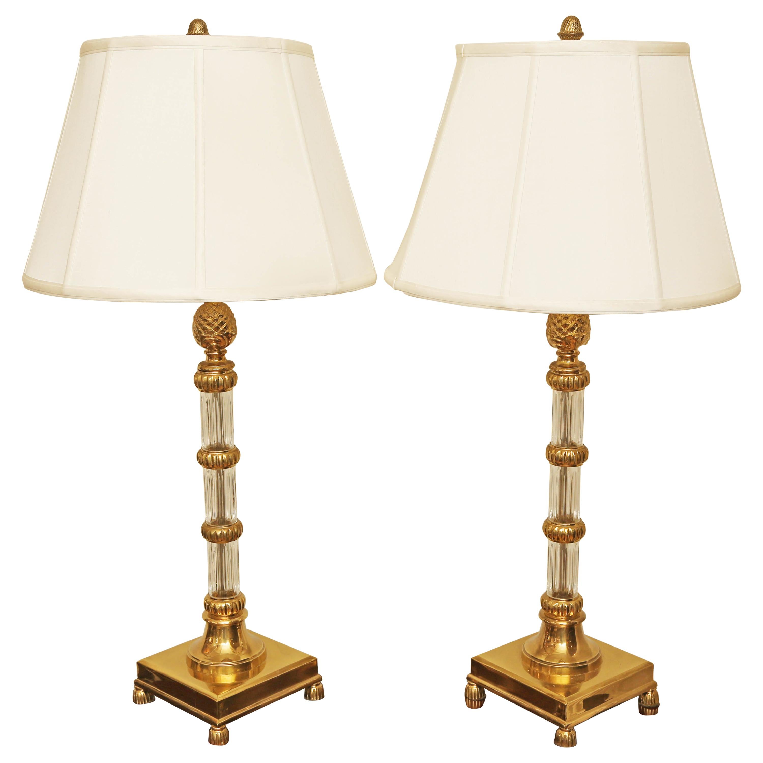 Pair of Brass and Crystal Candlestick Lamps