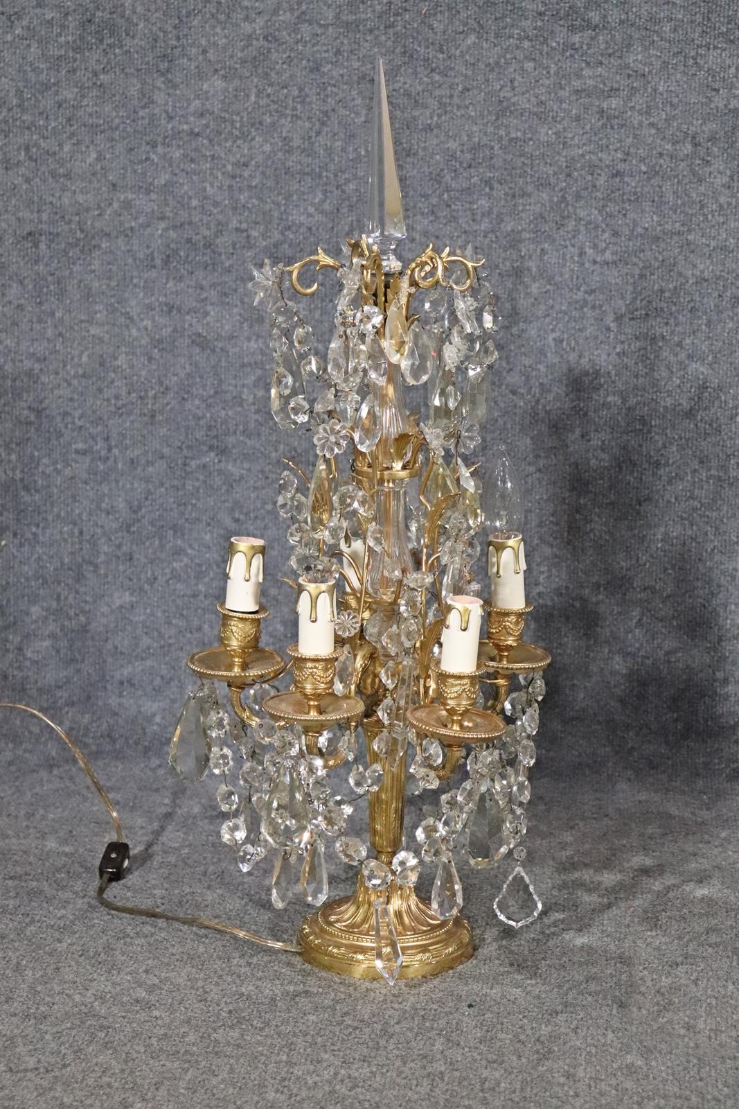 Louis XV Pair of Brass and Crystal Girandoles Lamps