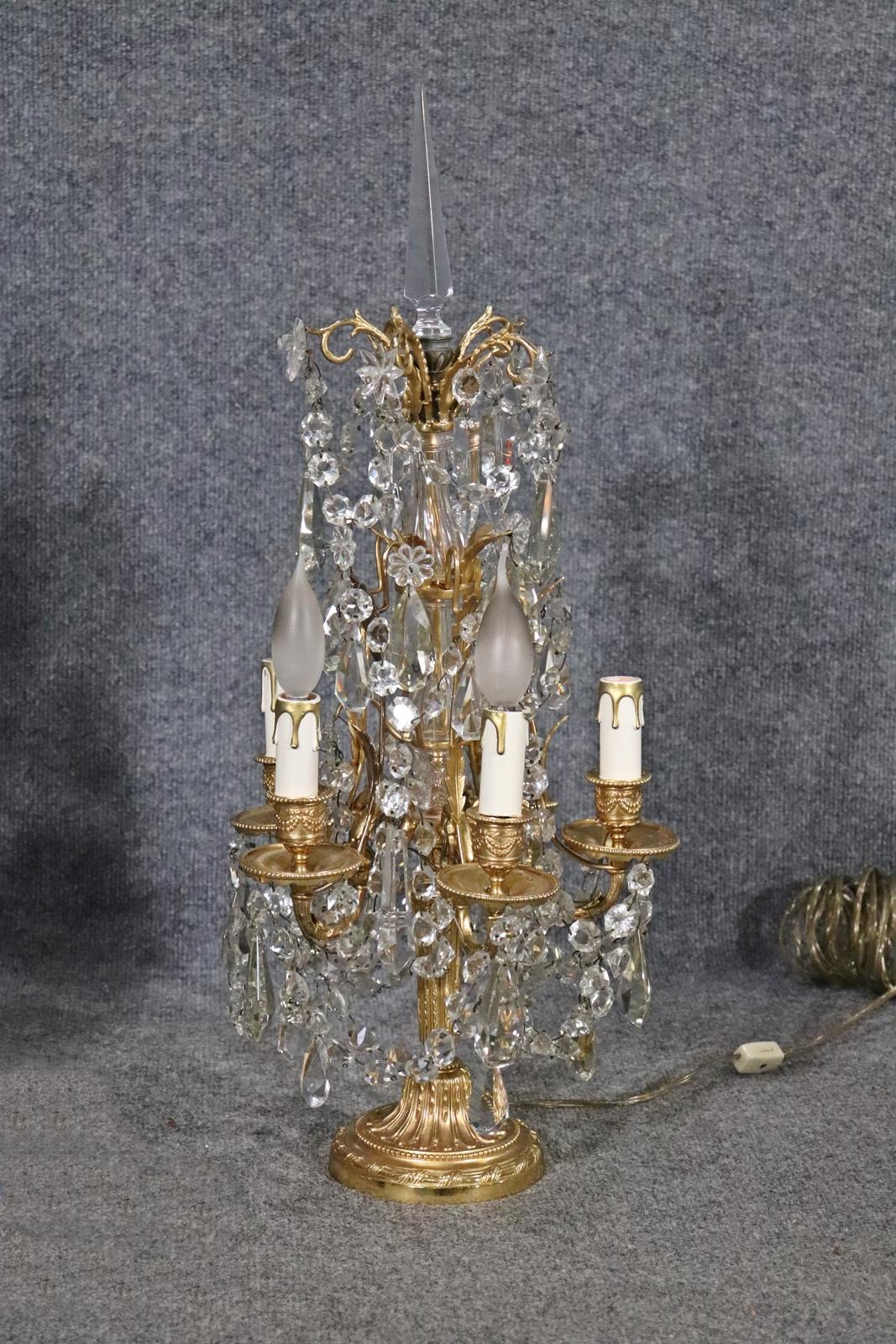 French Pair of Brass and Crystal Girandoles Lamps