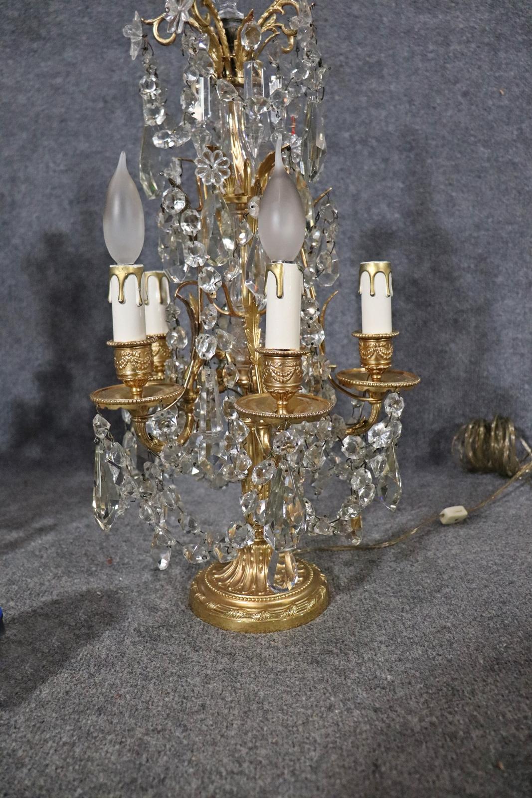 Pair of Brass and Crystal Girandoles Lamps 2