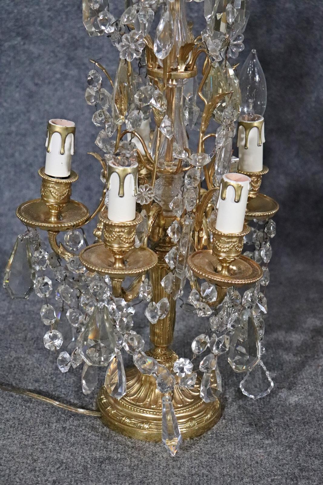 Pair of Brass and Crystal Girandoles Lamps 3