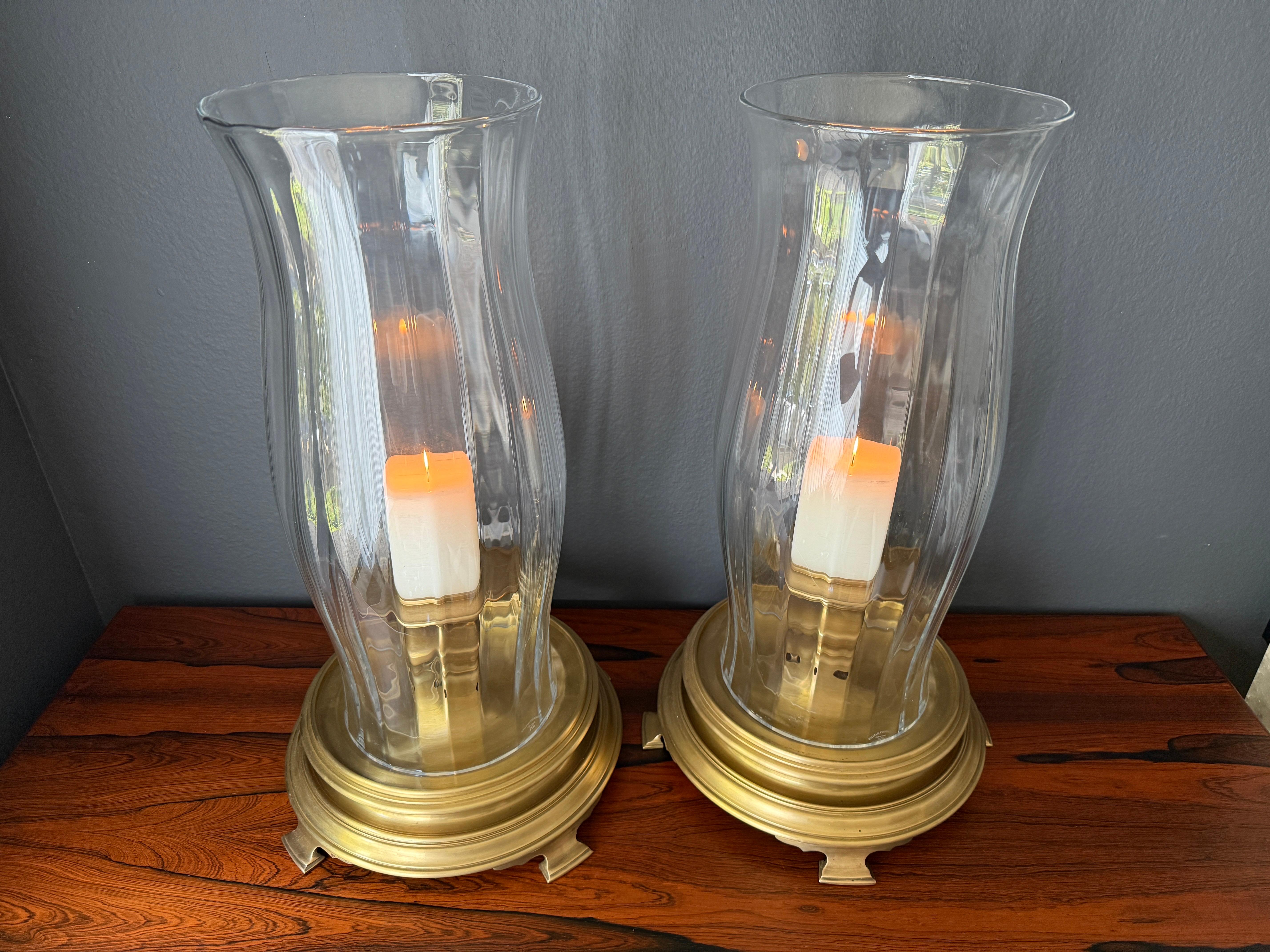 Pair of Brass and Crystal Hurricanes by Chapman For Sale 3