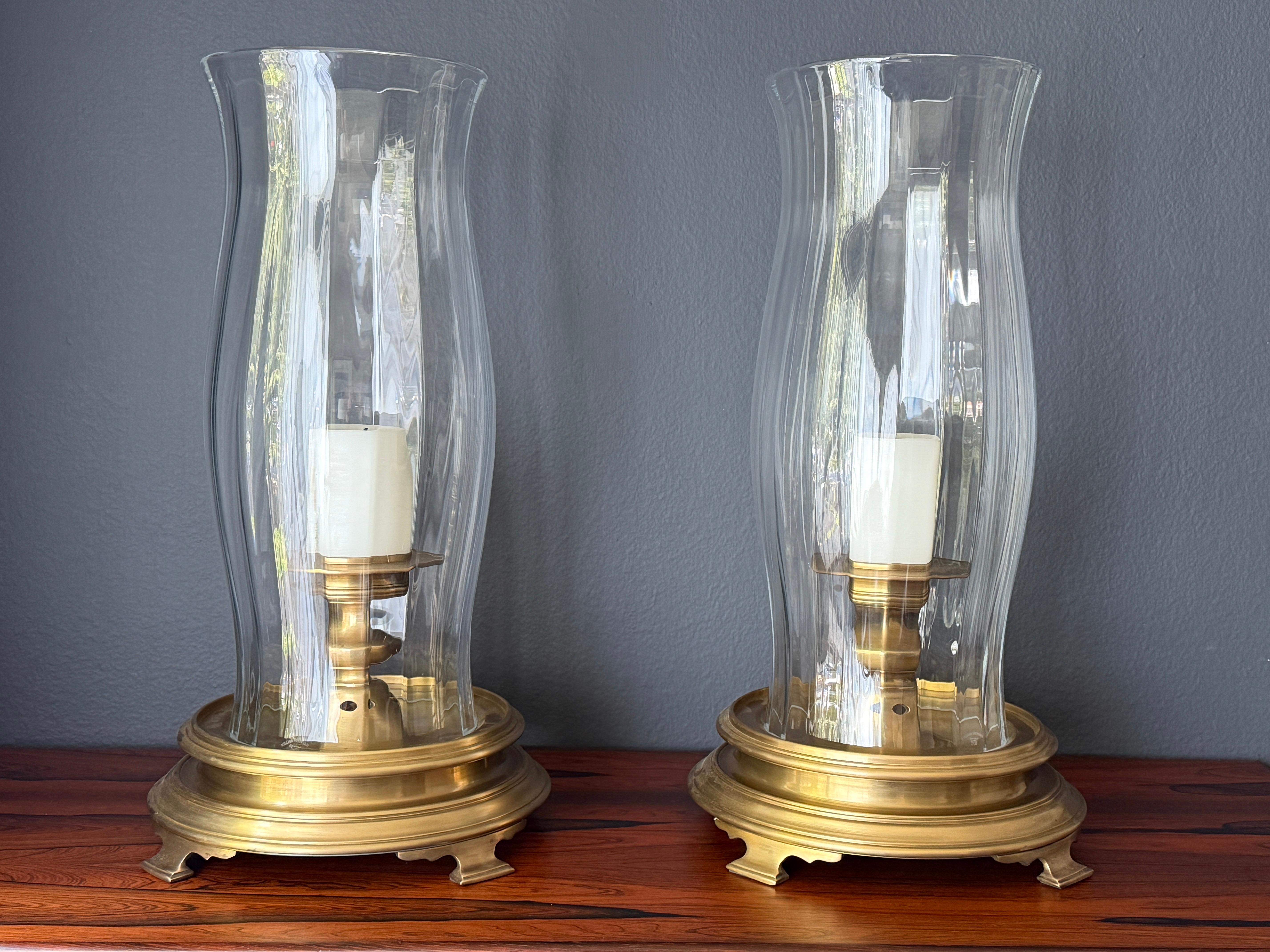 Pair of Brass and Crystal Hurricanes by Chapman For Sale 4