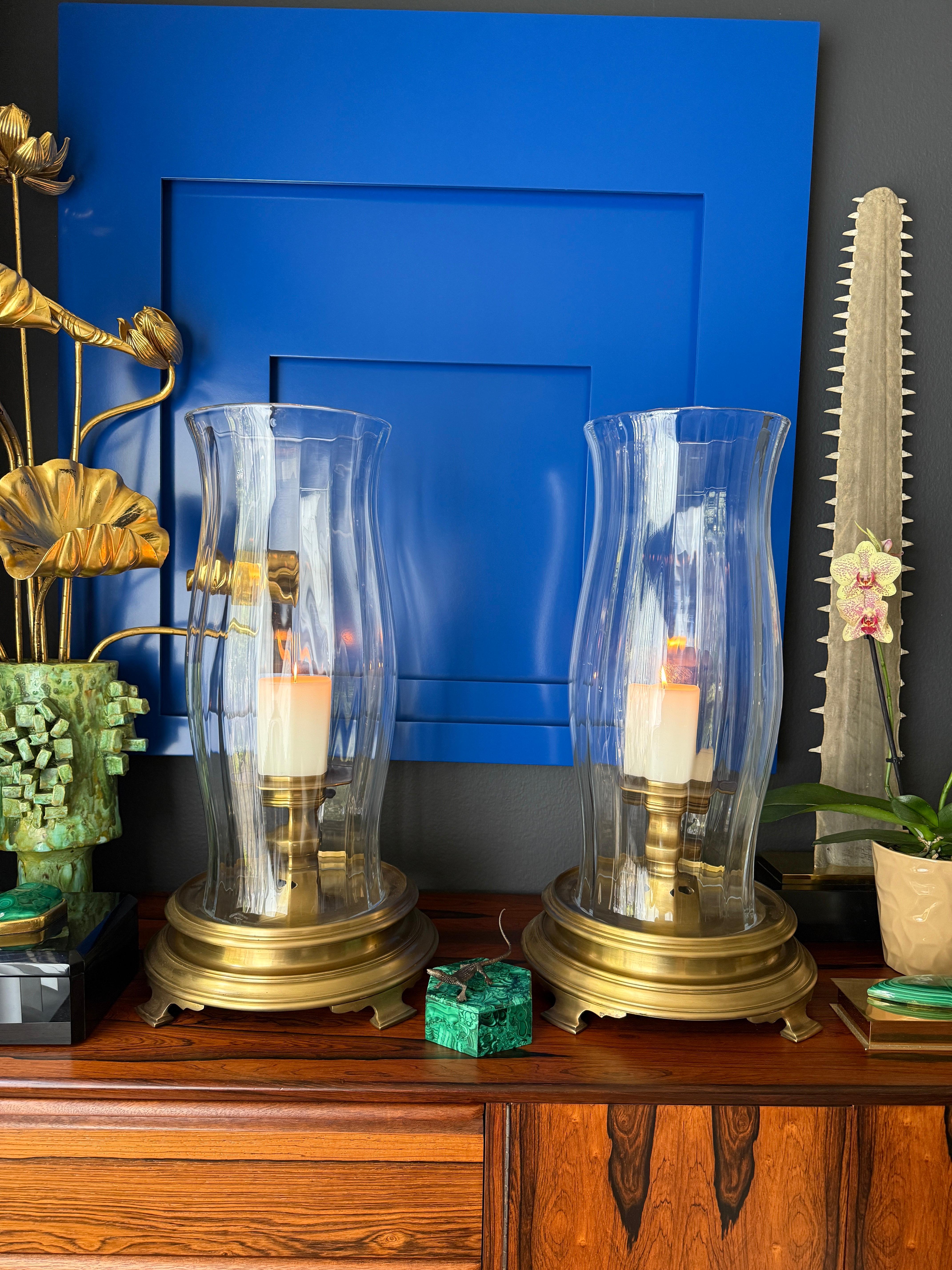 American Pair of Brass and Crystal Hurricanes by Chapman For Sale