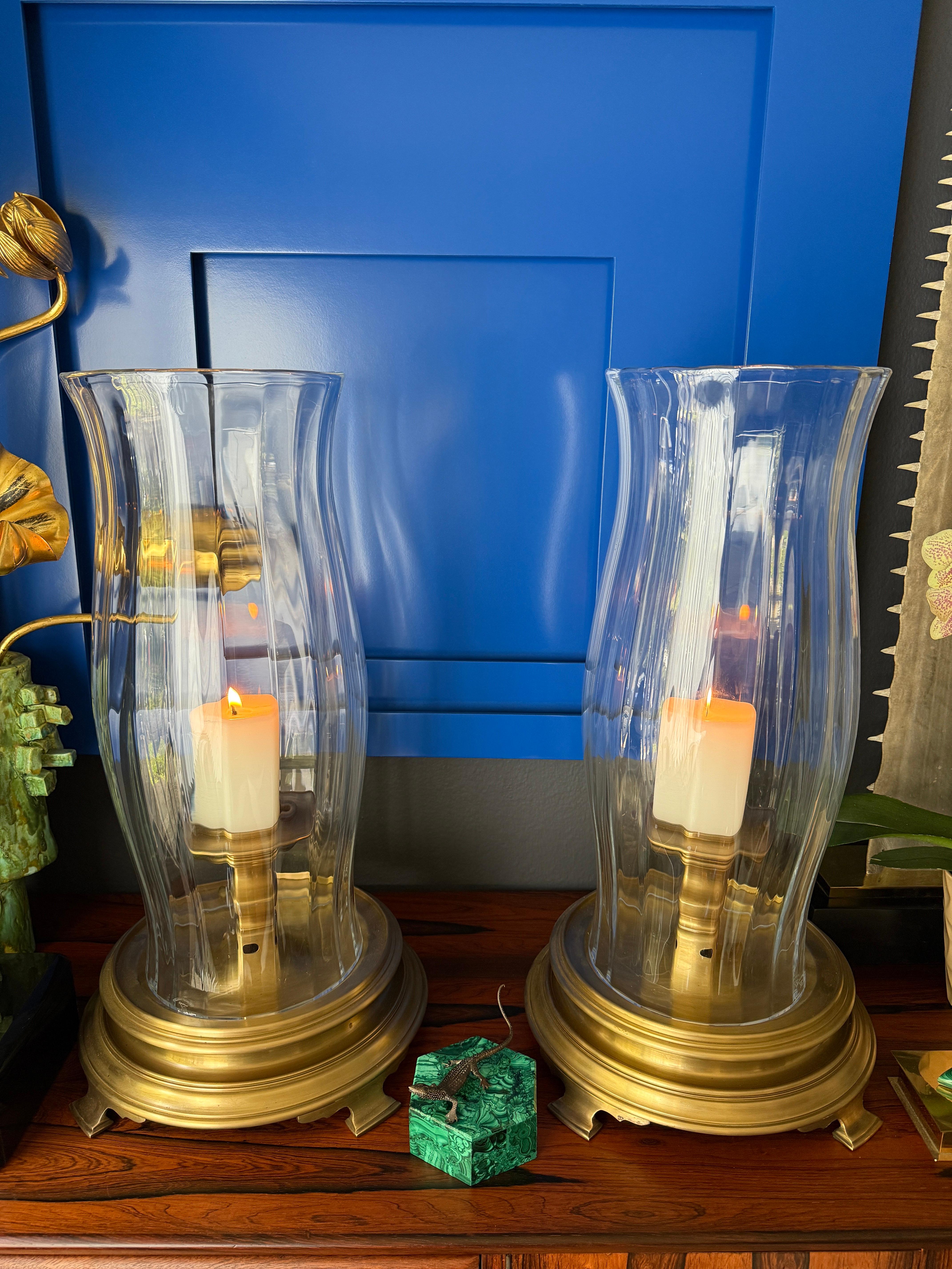 Patinated Pair of Brass and Crystal Hurricanes by Chapman For Sale