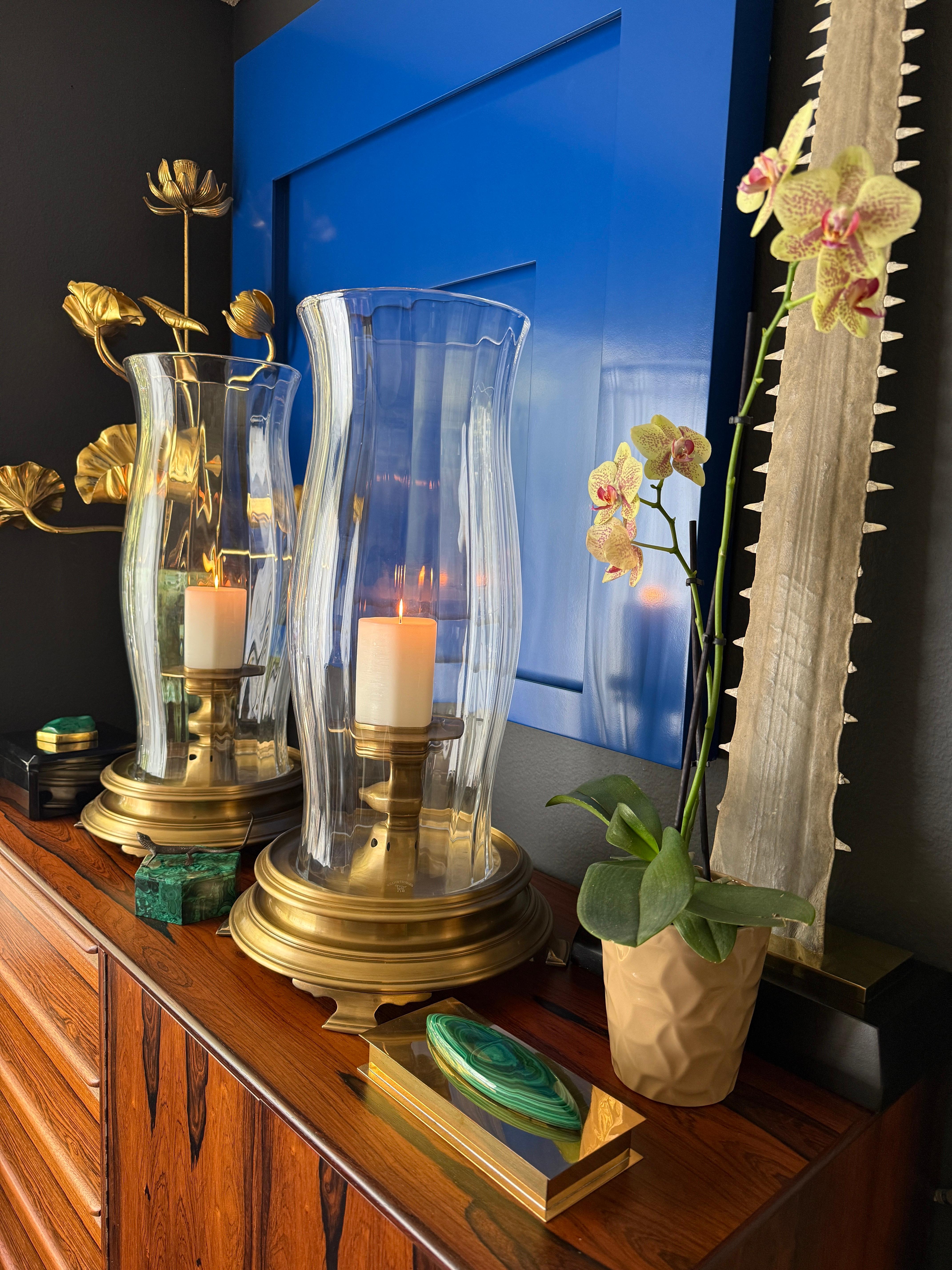 Pair of Brass and Crystal Hurricanes by Chapman In Good Condition For Sale In North Hollywood, CA
