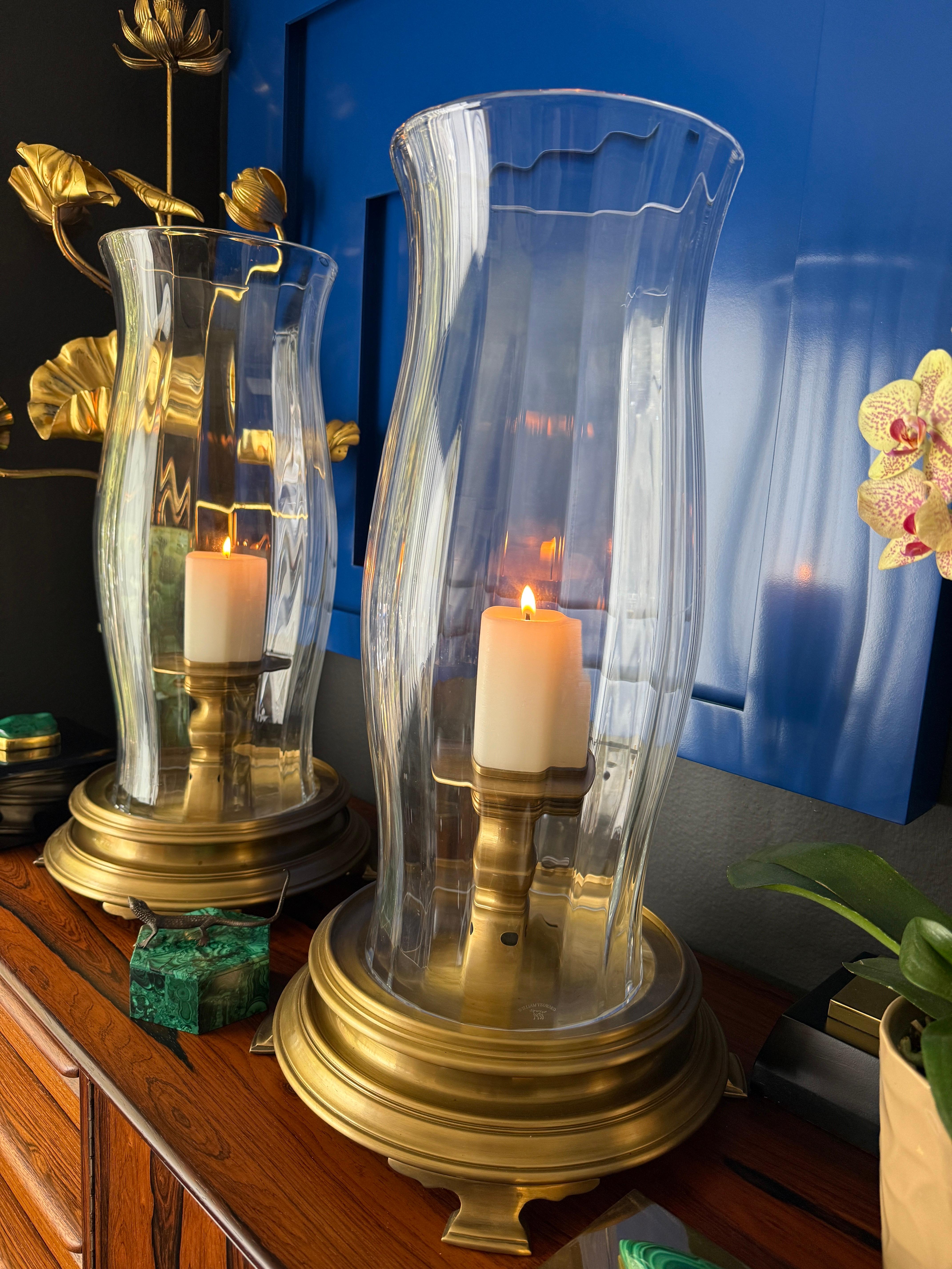 Late 20th Century Pair of Brass and Crystal Hurricanes by Chapman For Sale