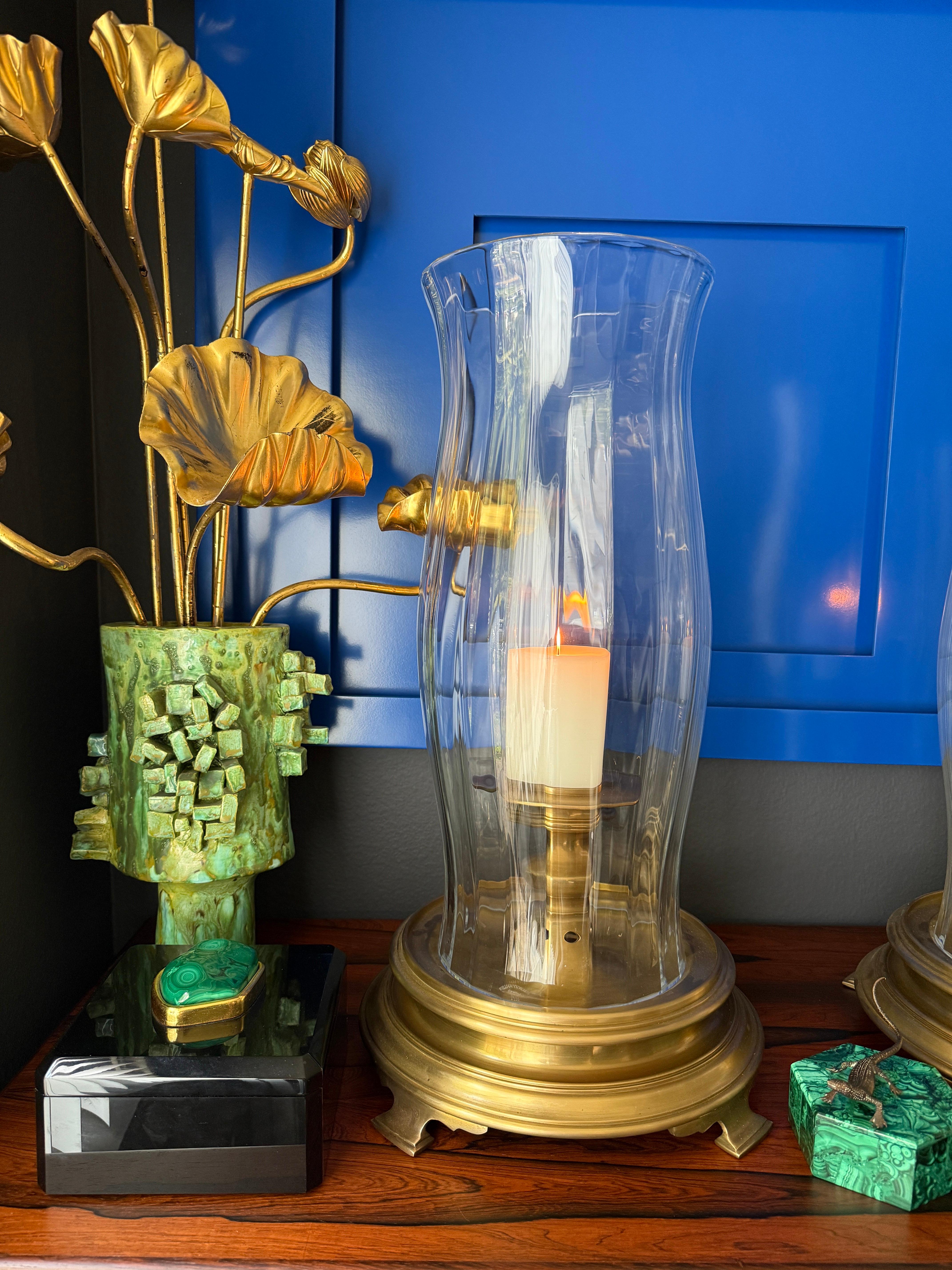 Pair of Brass and Crystal Hurricanes by Chapman For Sale 1