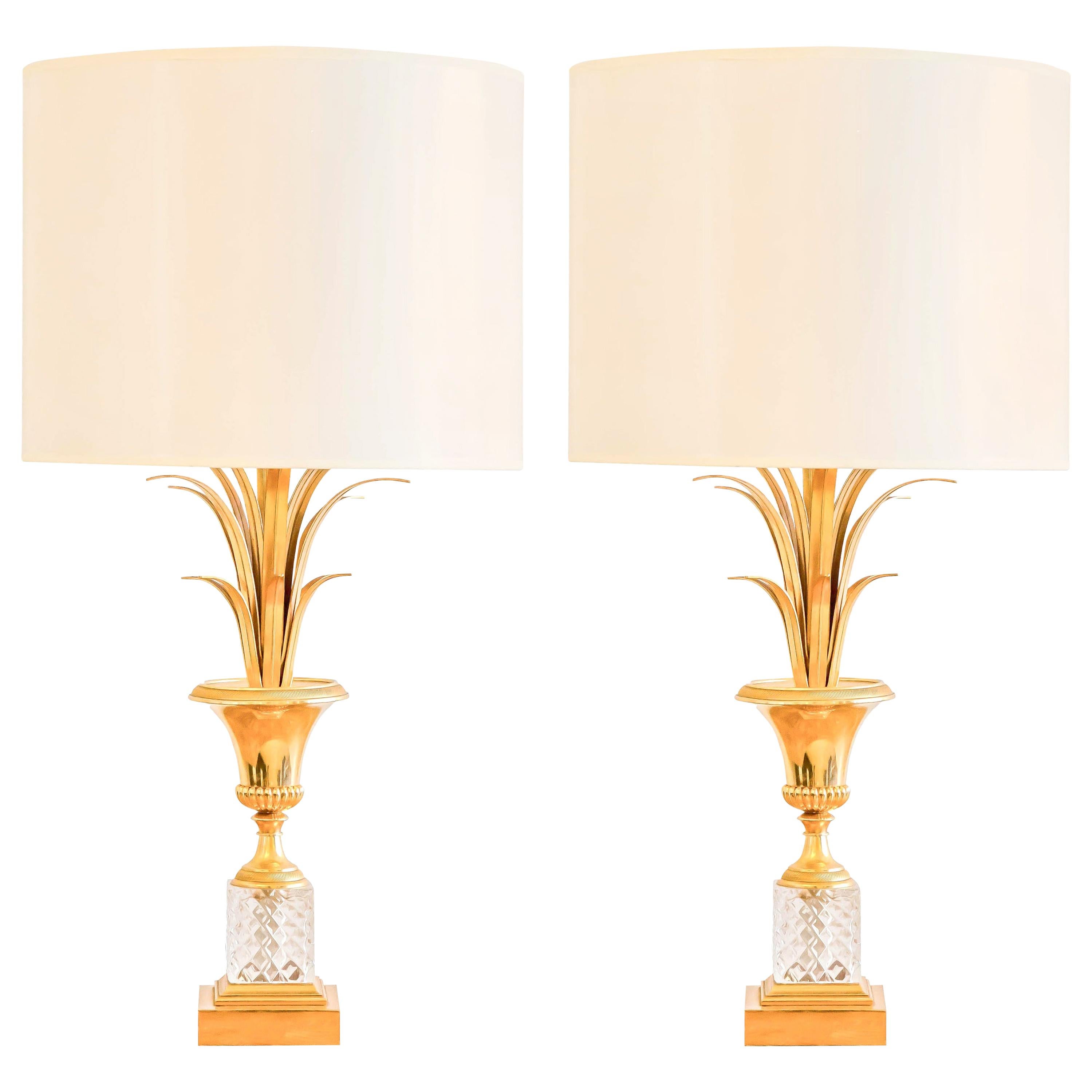 Pair of Brass and Crystal Lamps in the Maison Charles Manner