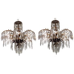 Pair of Brass and Crystal Palmette Six-Light Chandeliers, Europe, circa 1925