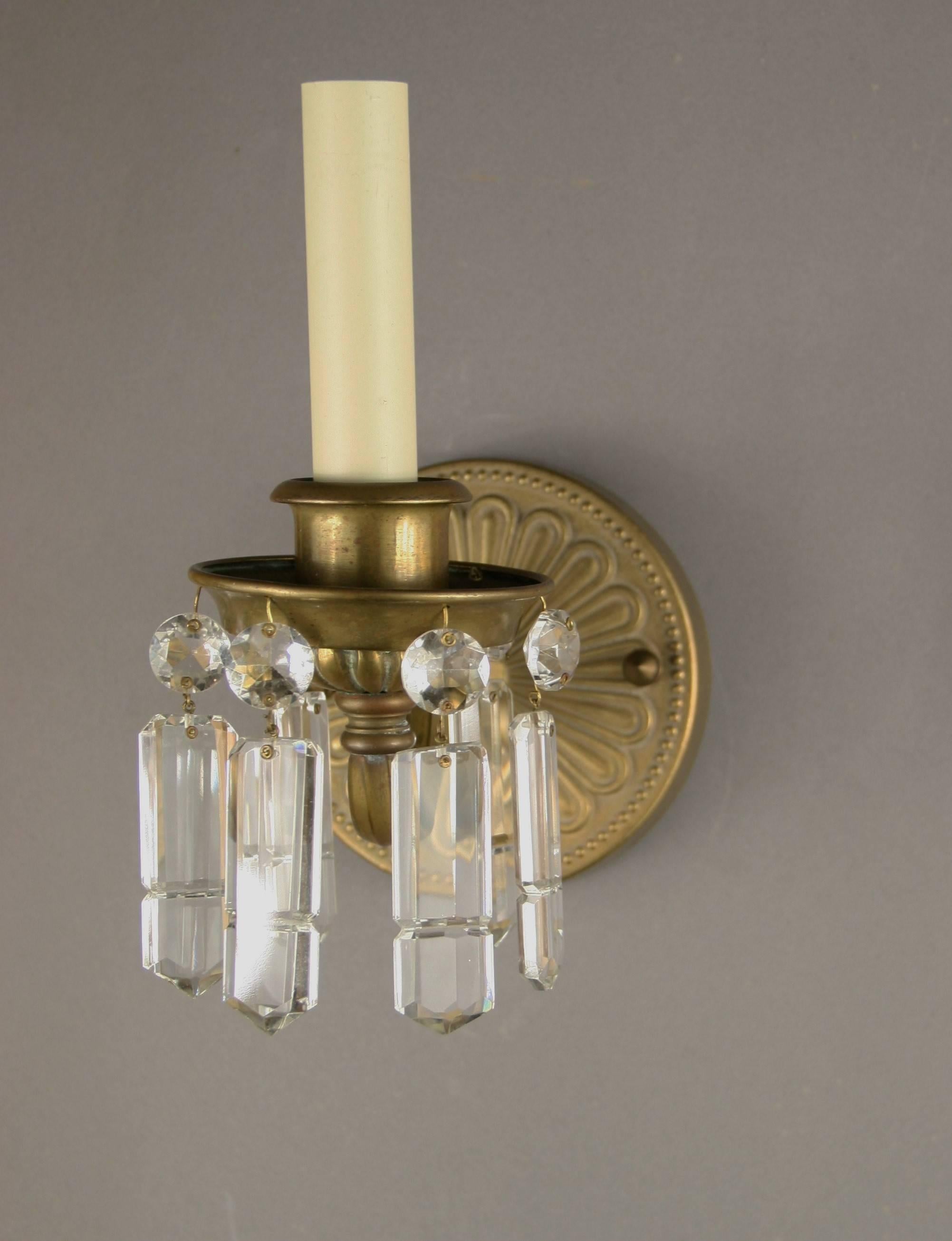  Pair of Brass and Crystal Sconces In Good Condition In Douglas Manor, NY