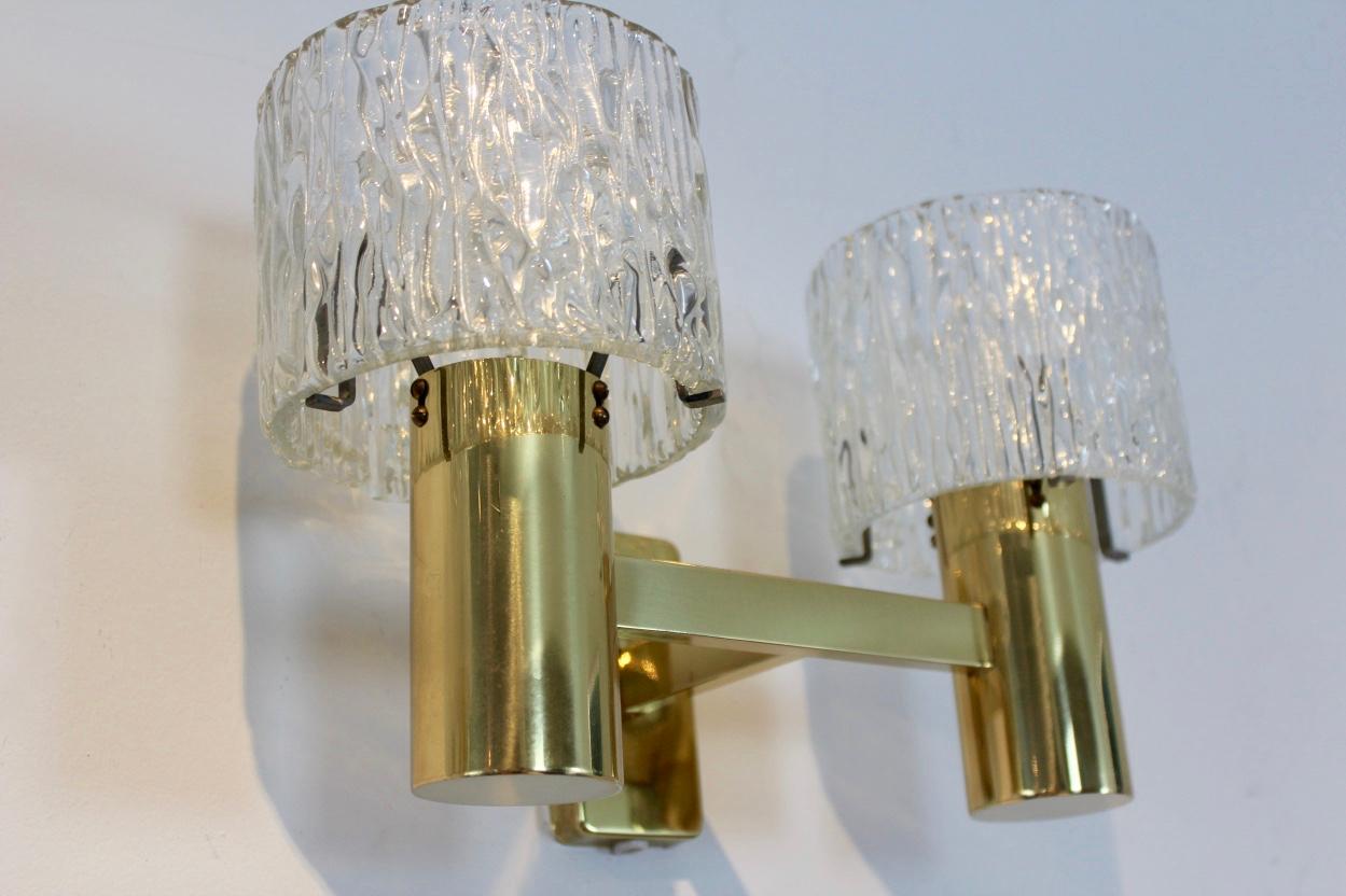 Pair of Brass and Crystal Wall Lamps designed by Carl Fagerlund for Orrefors For Sale 1