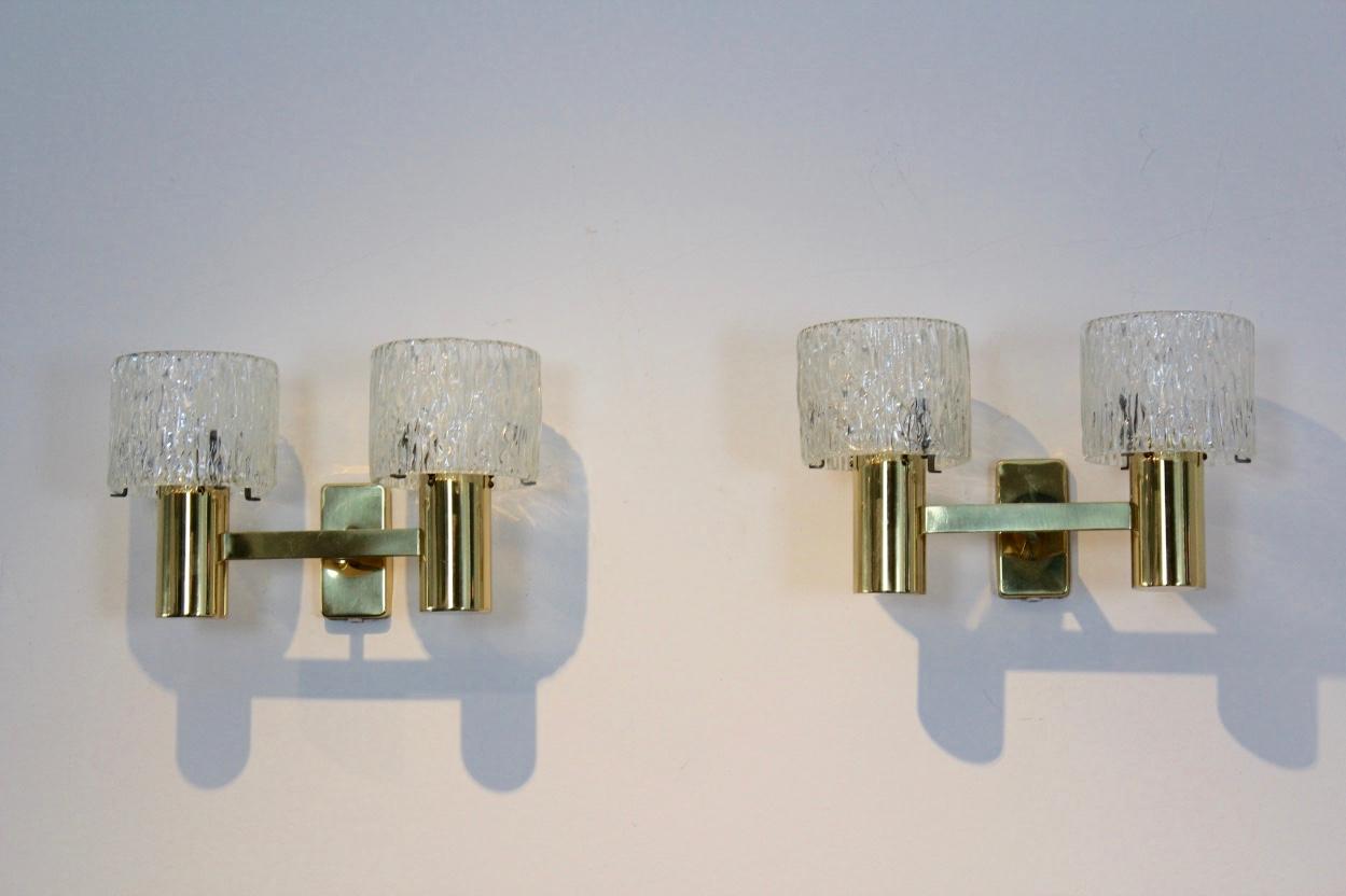 Pair of Brass and Crystal Wall Lamps designed by Carl Fagerlund for Orrefors For Sale 2