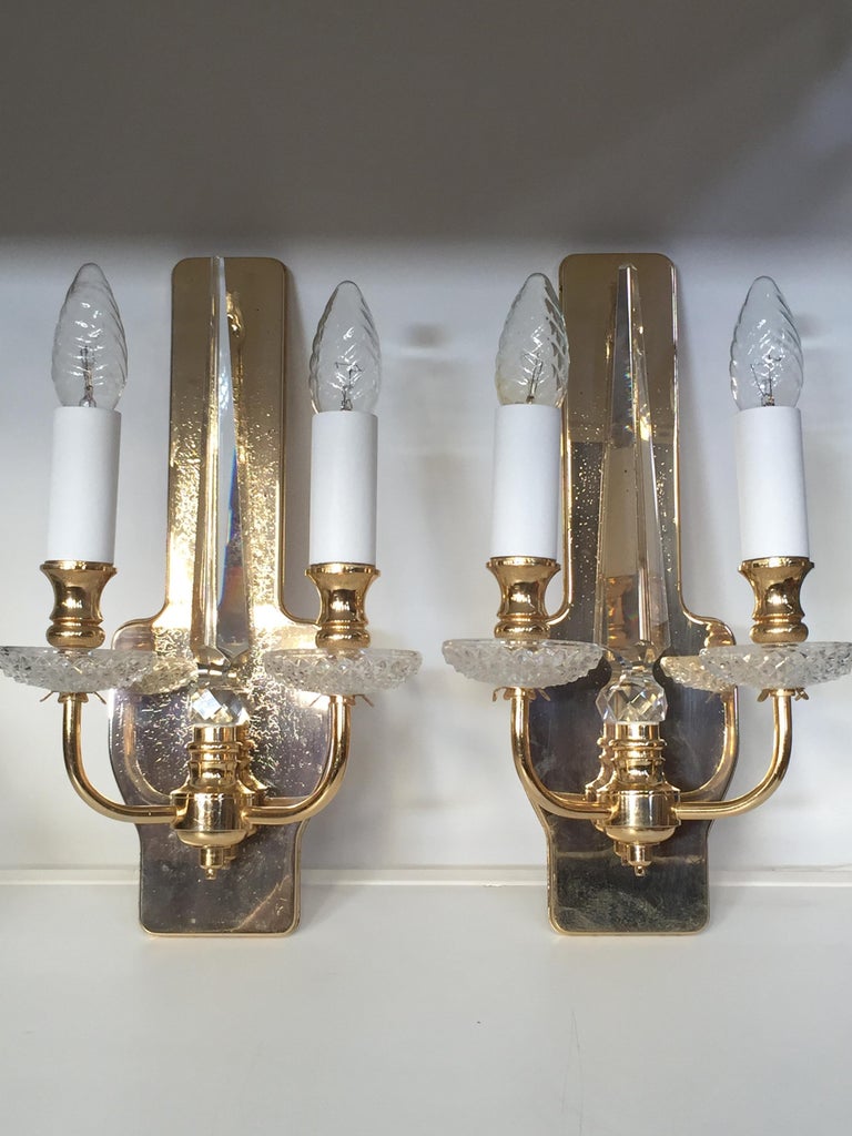 Pair of Brass and Crystal Wall Lights For Sale at 1stDibs