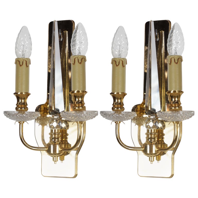 Pair of Brass and Crystal Wall Lights For Sale at 1stDibs