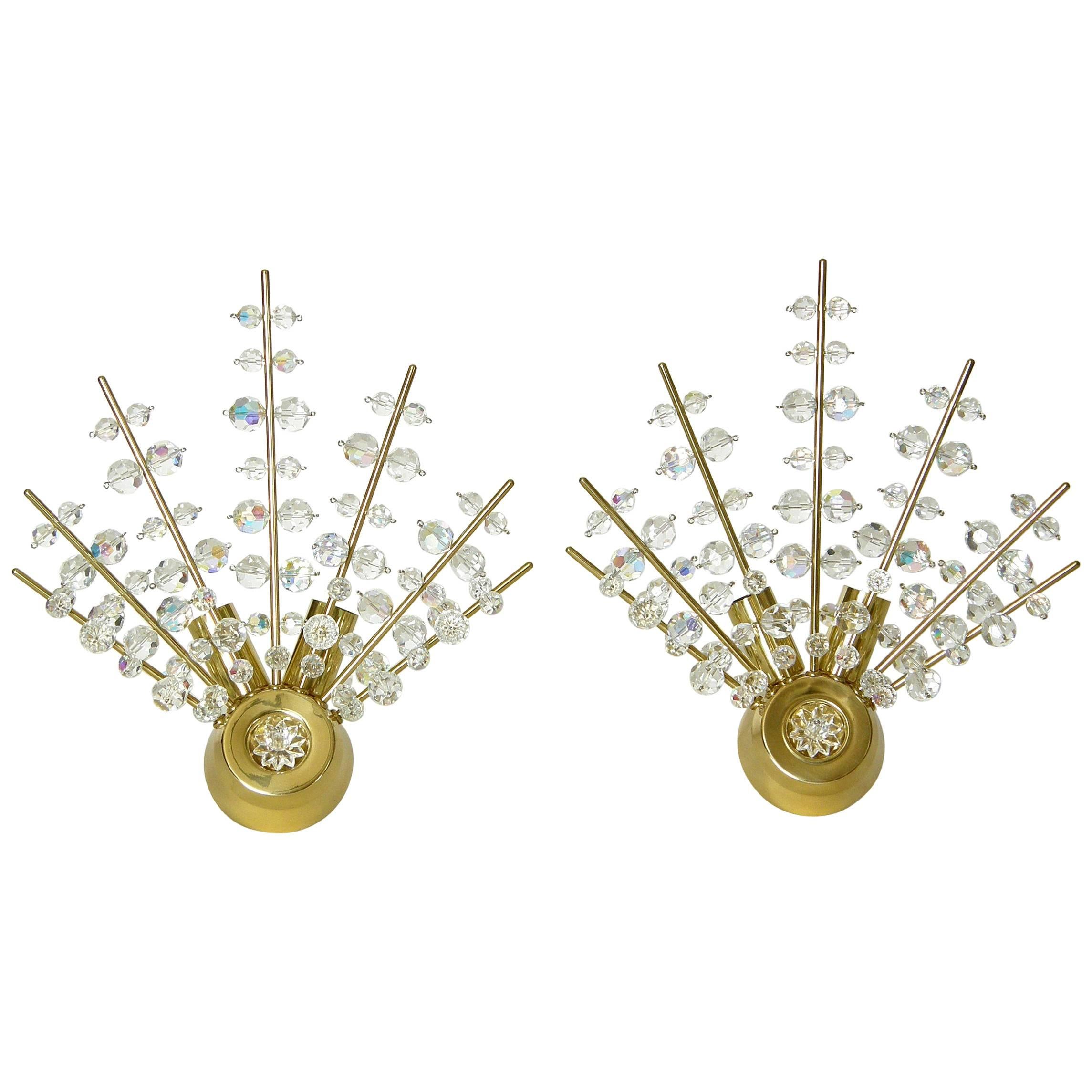 Pair of Brass and Cut Crystal Sputnik Wall Sconces
