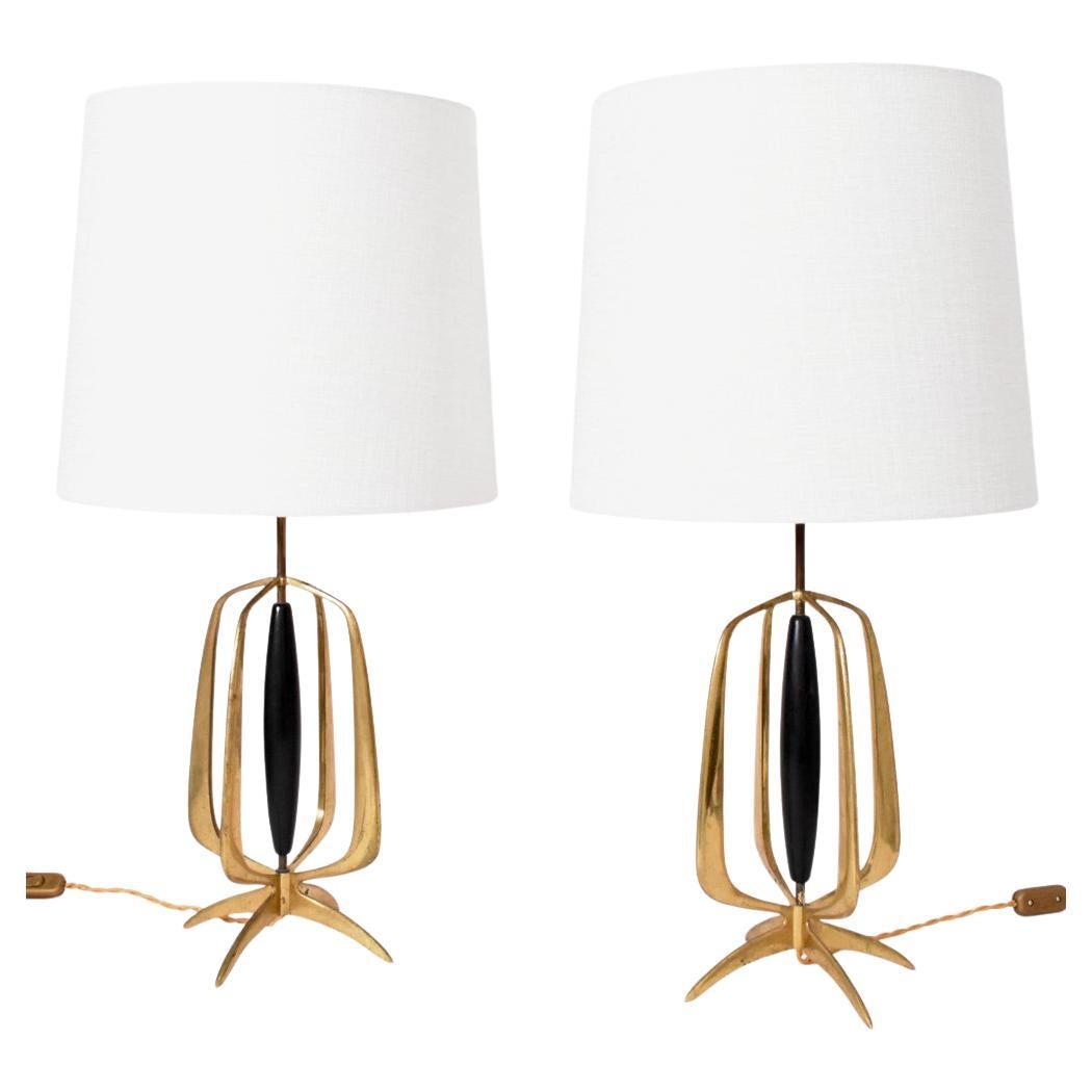 Pair of brass and ebonised wood lamps, 1960s