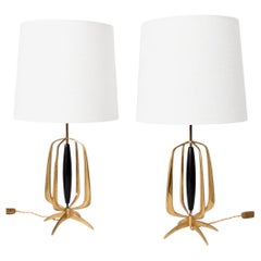 Pair of brass and ebonised wood lamps, 1960s